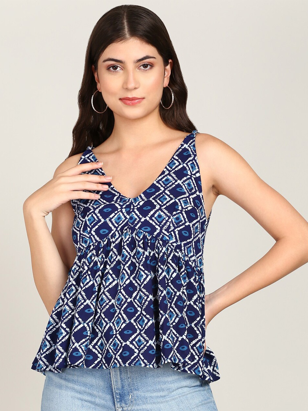 

MALHAAR Ethnic Motif Printed Seeveless Gathered Empire Top, Navy blue