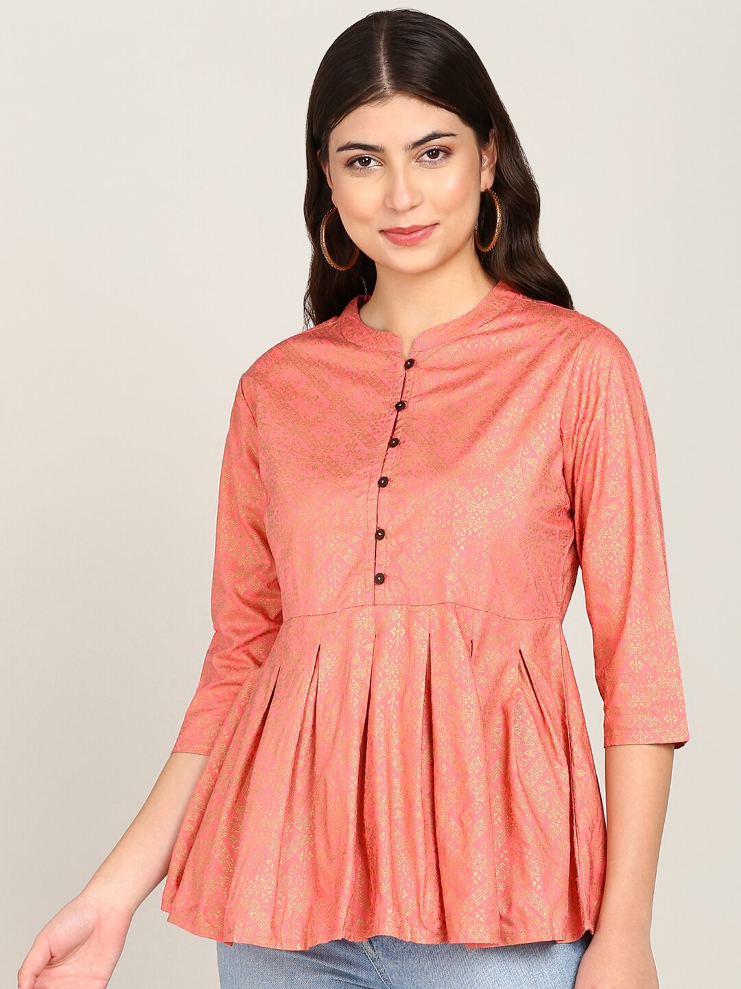 

MALHAAR Ethnic Motif Printed Mandarin Collar Gathered Peplum Top, Peach