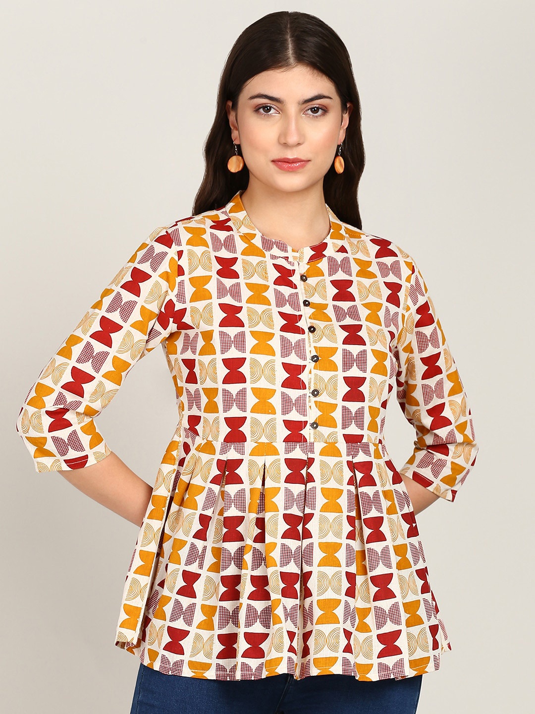 

MALHAAR Geometric Printed Mandarin Collar Gathered Peplum Top, White