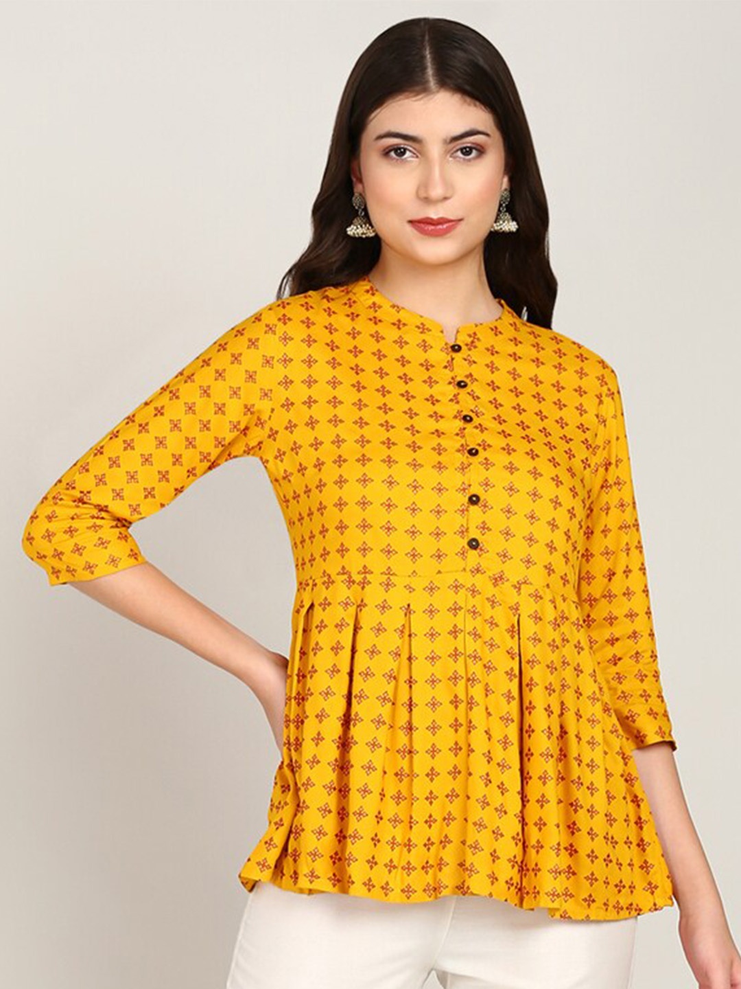 

MALHAAR Ethnic Motifs Printed Mandarin Collar Peplum Top, Mustard