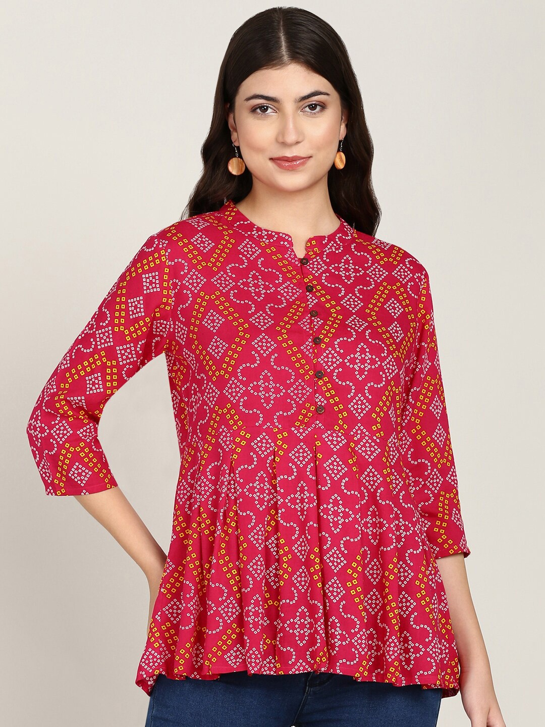 

MALHAAR Ethnic Motifs Printed Mandarin Collar Peplum Top, Pink