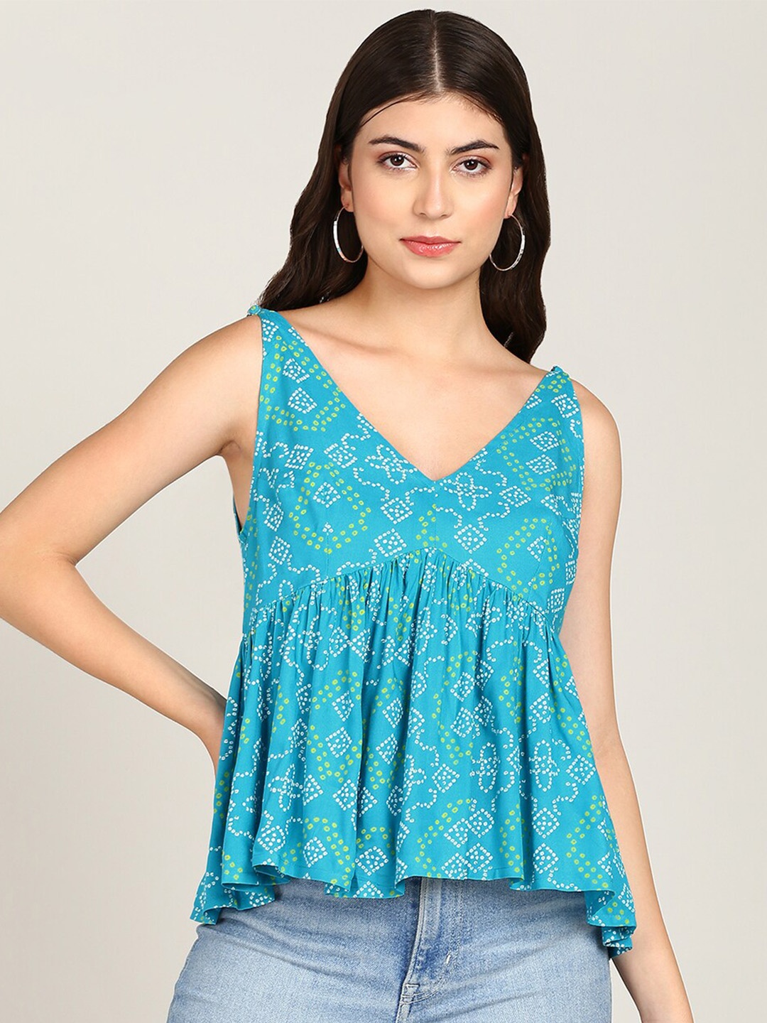 

MALHAAR Ethnic Motifs Printed V-Neck Empire Top, Blue