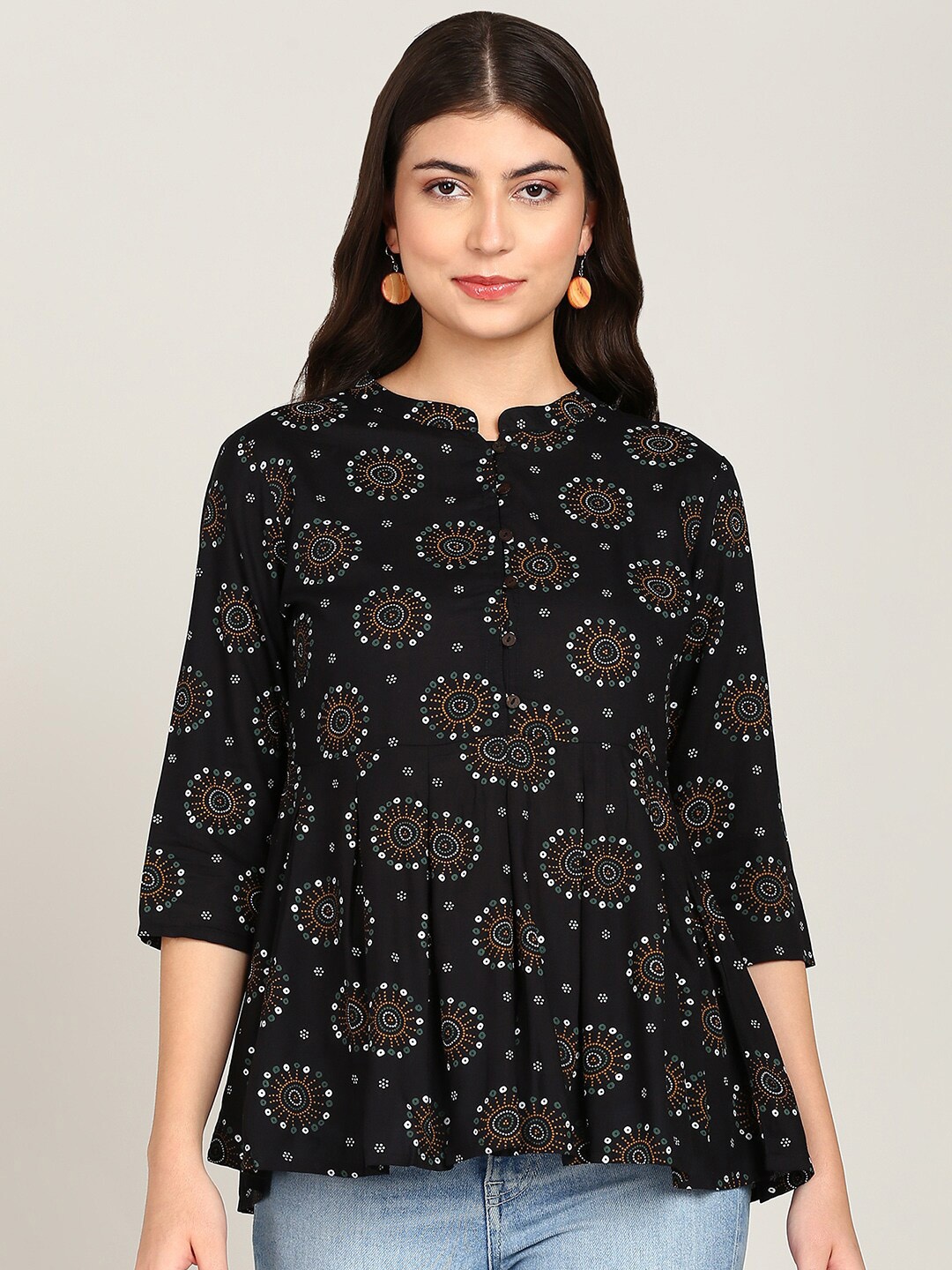 

MALHAAR Ethnic Motif Printed Mandarin Collar Gathered Peplum Top, Black