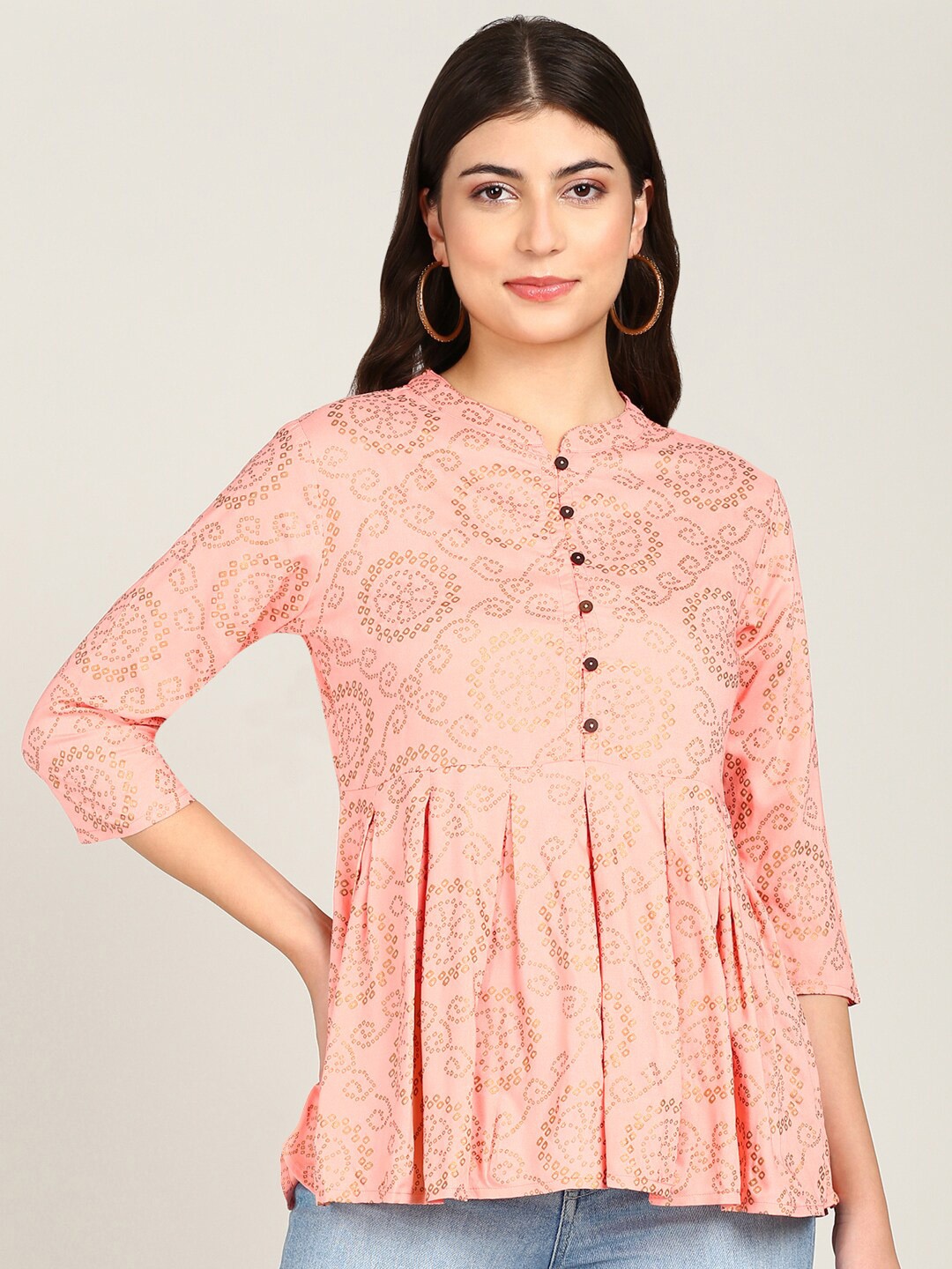 

MALHAAR Ethnic Motifs Printed Mandarin Collar Peplum Top, Peach