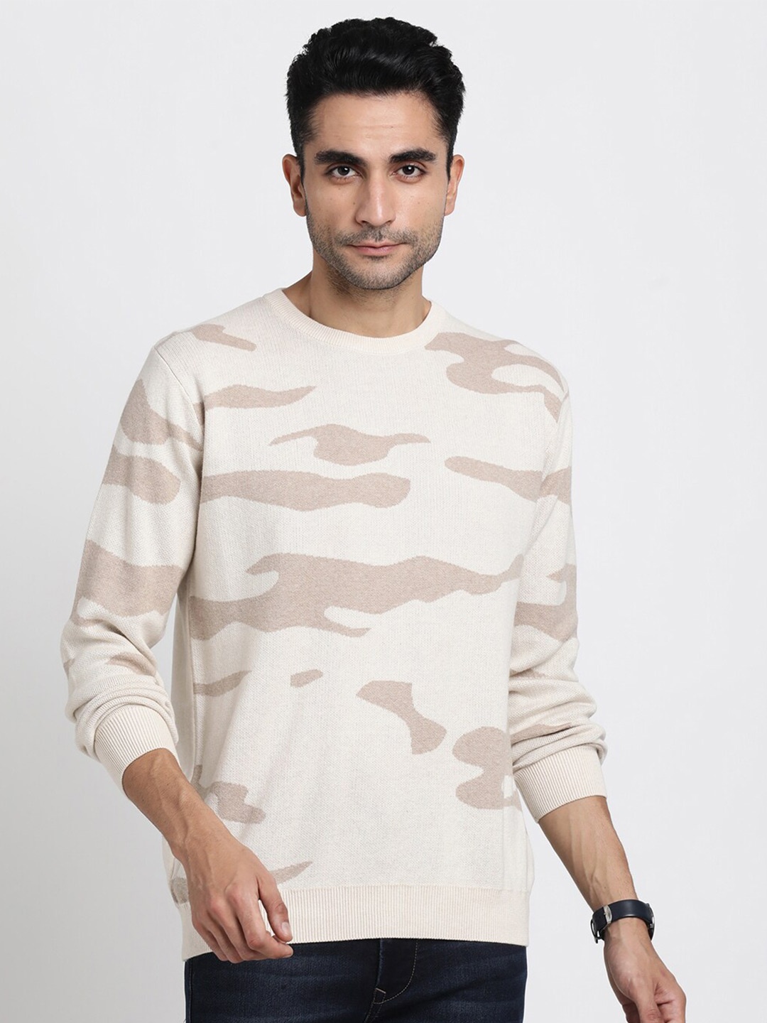 

Turtle Printed Round Neck Cotton Pullover, Beige