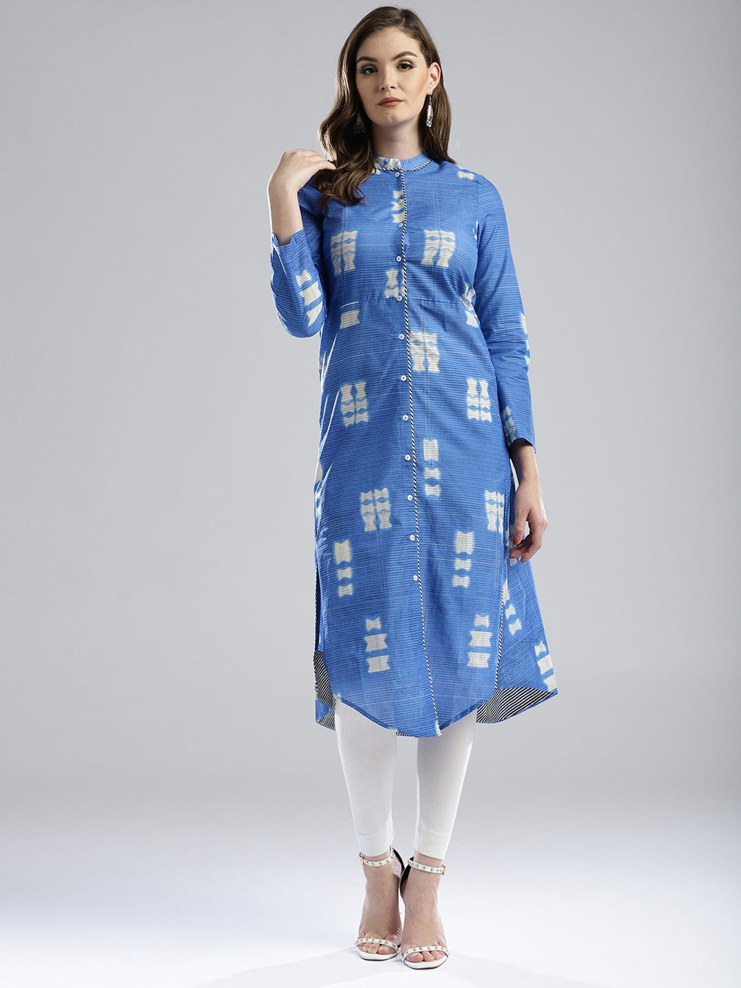 

W Women Blue & Off-White Printed Asymmetric A-Line Sustainable Kurta
