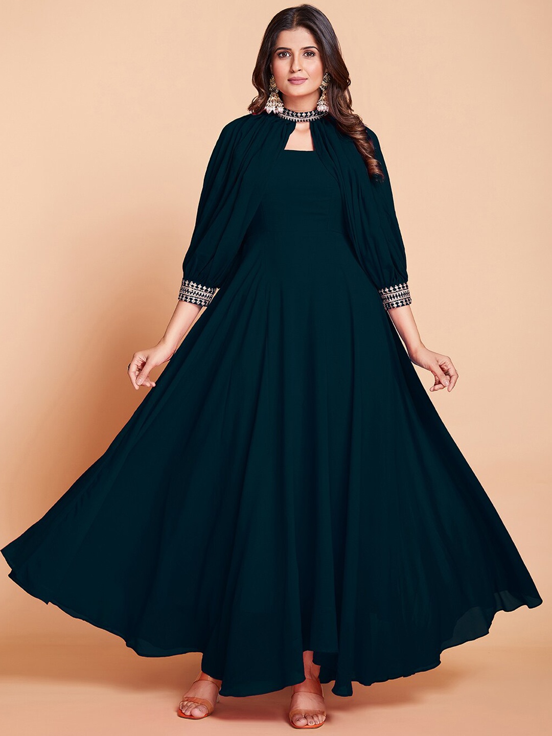 

Fusionic Maxi Length Gown With Add-On Sleeves Ethnic Dresses, Teal