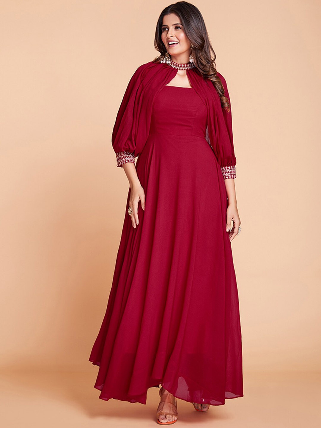 

Fusionic Georgette Maxi Length Flared Gown With Add On Sleeves Ethnic Dresses, Red