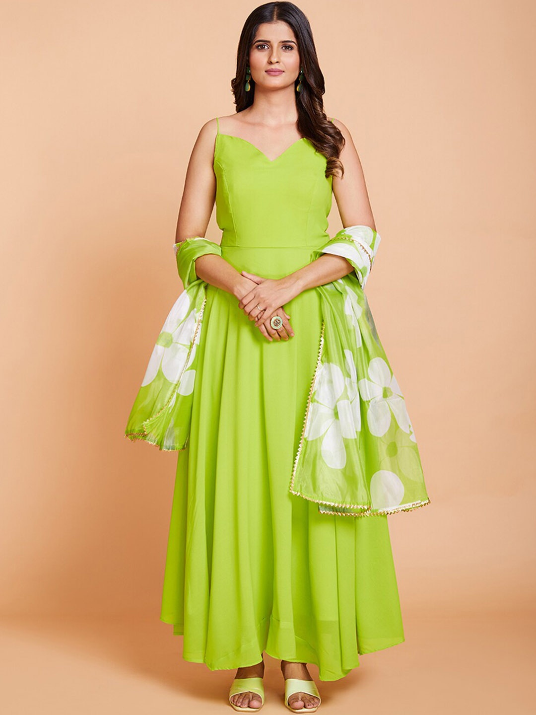 

Fusionic Georgette Maxi Length Flared Gown Ethnic Dresses With Floral Printed Dupatta, Green