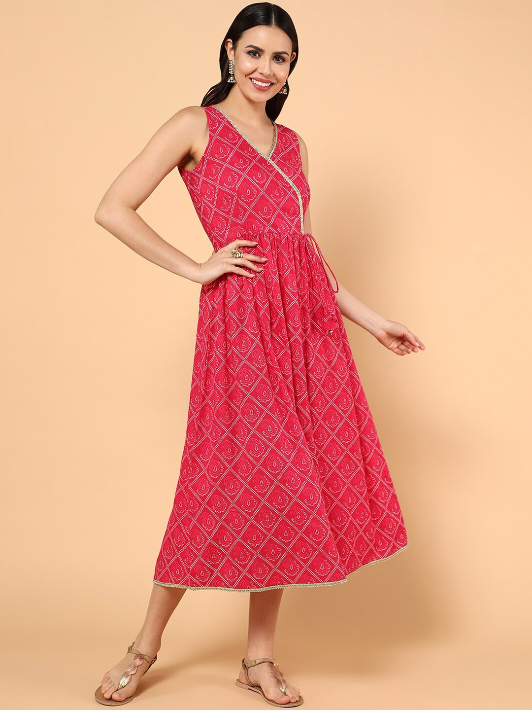 

aturabi Bandhani Printed Pure Cotton Fit & Flare Ethnic Dress, Pink