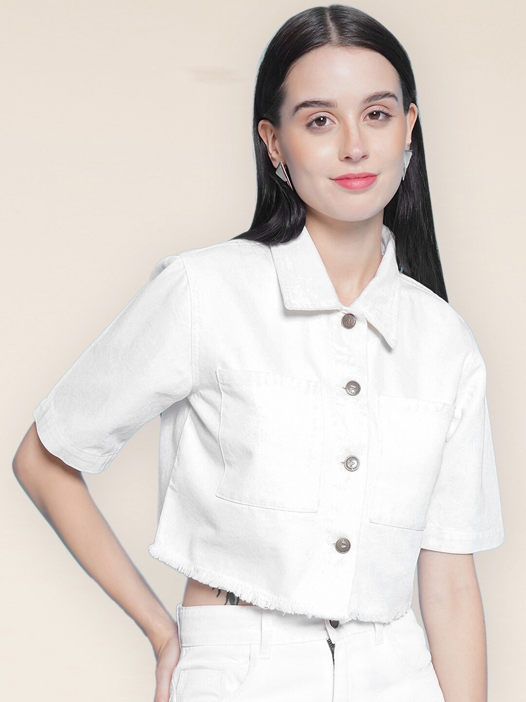 

VESTIDO MODAS Button-Down Cotton Crop Denim Jacket, White
