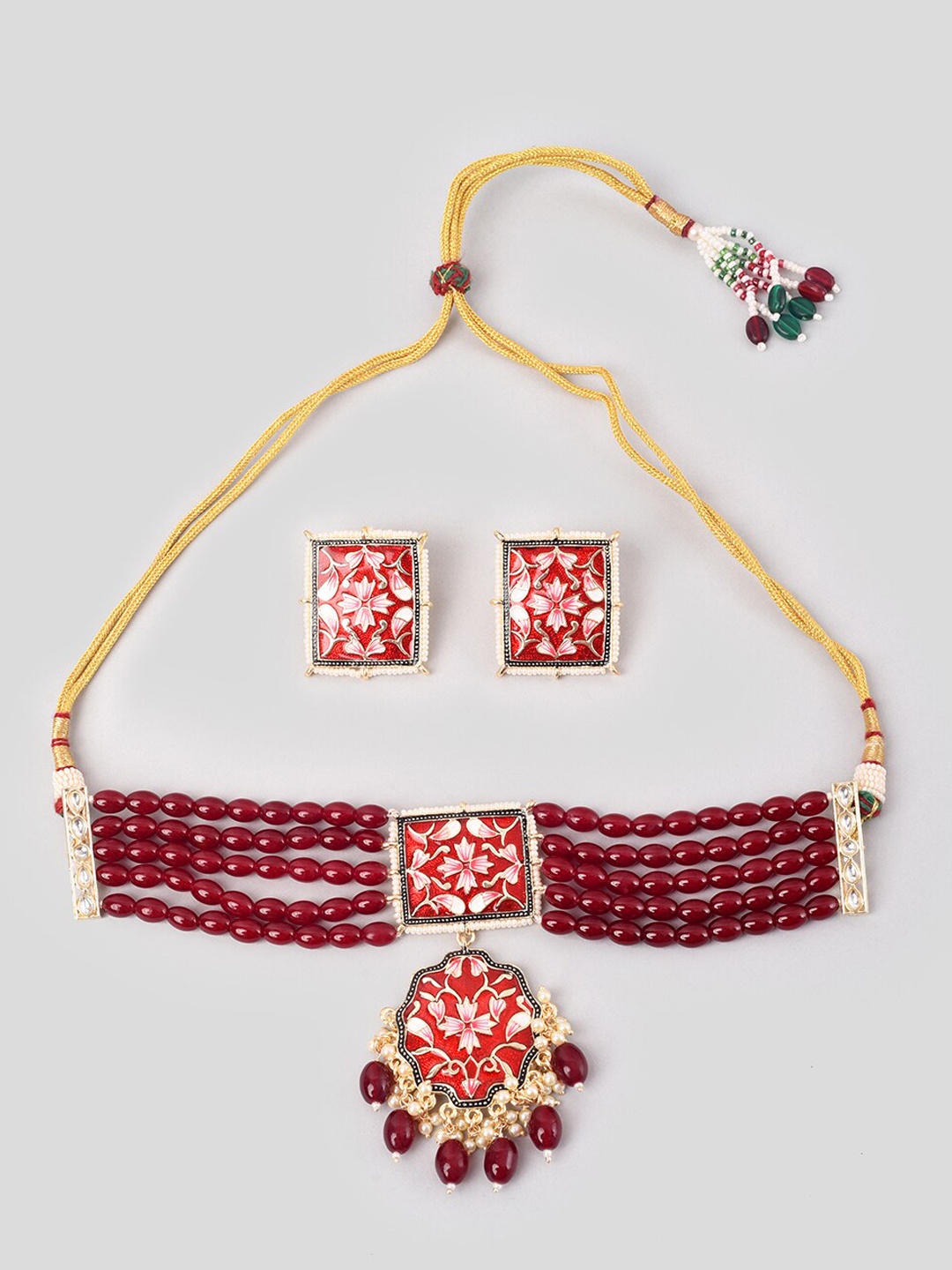 

phuljhadi Gold-Plated Stone-Studded & Beaded Choker Jewellery Set