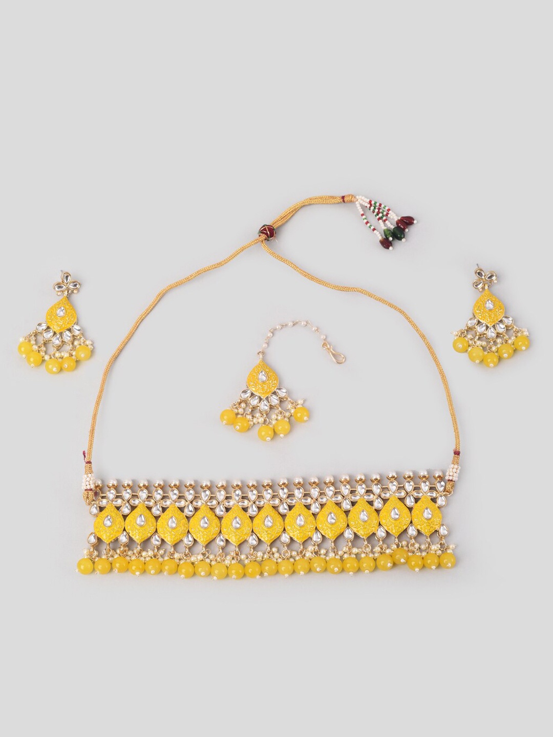 

Phuljhadi Gold-Plated Stone-Studded & Beaded Choker Jewellery Set
