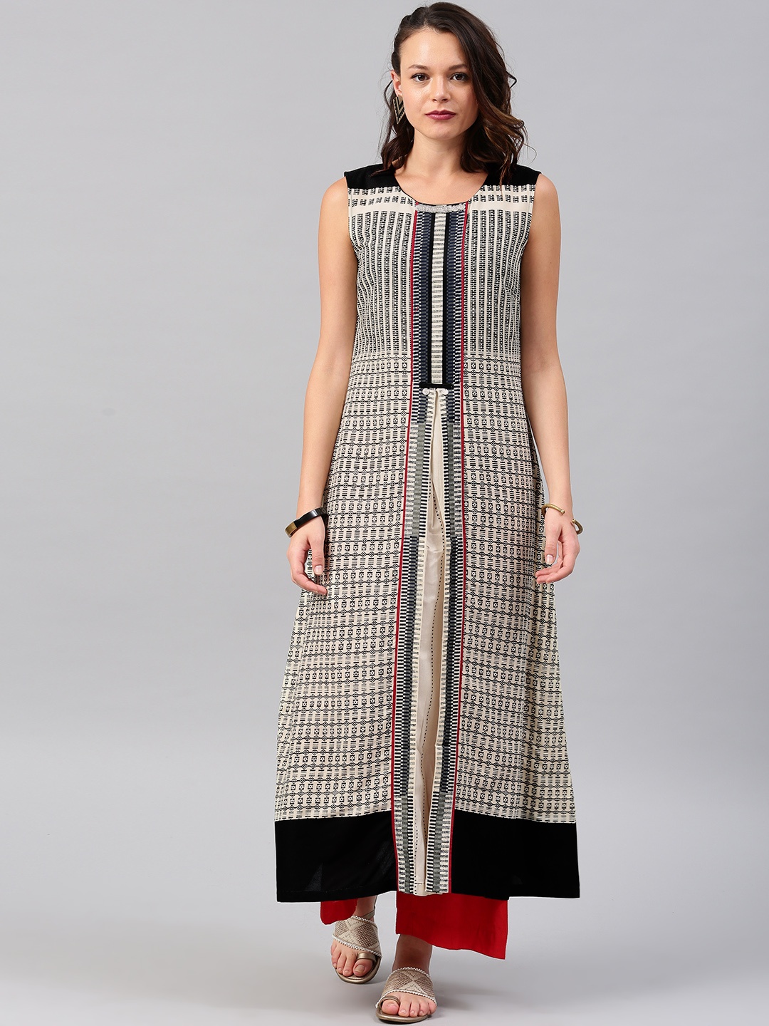 

W Women Beige & Black Printed A-Line Kurta
