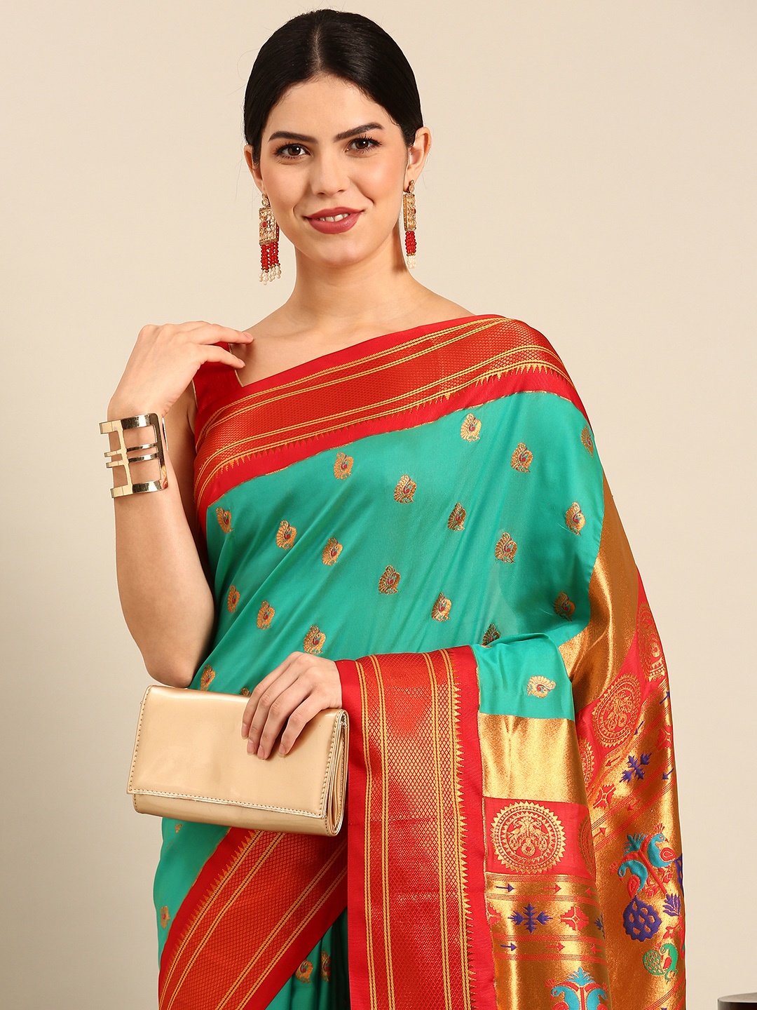 

Varkala Silk Sarees Ethnic Motifs Zari Silk Blend Paithani Saree, Sea green