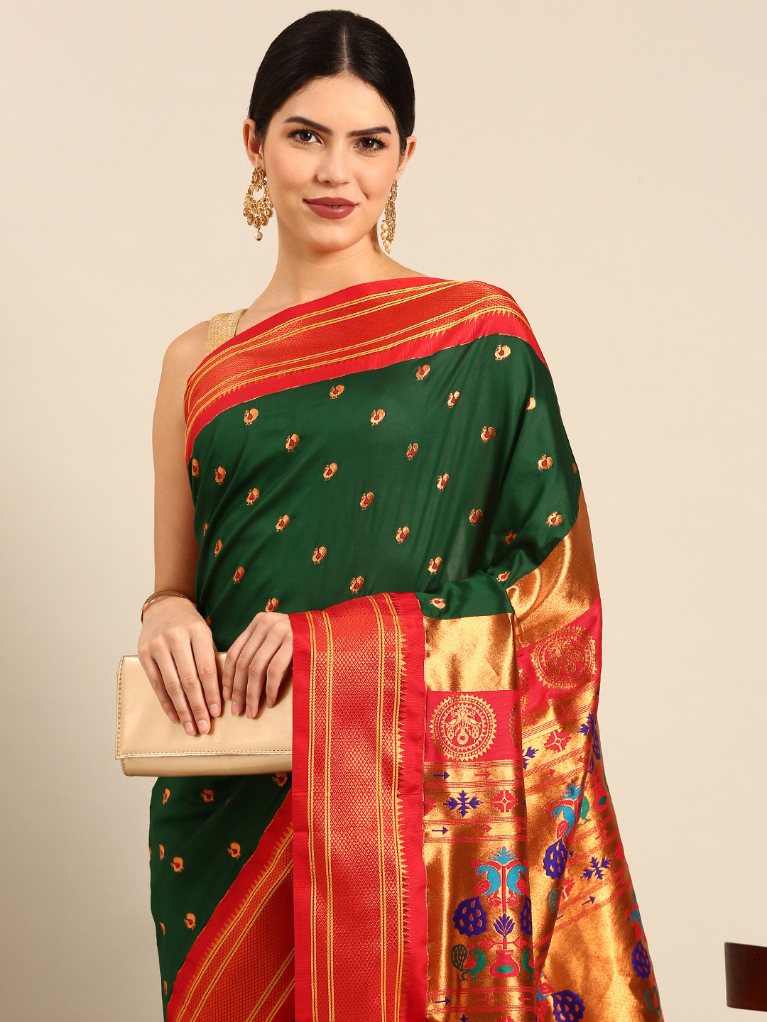 

Varkala Silk Sarees Ethnic Motifs Zari Silk Blend Paithani Saree, Green