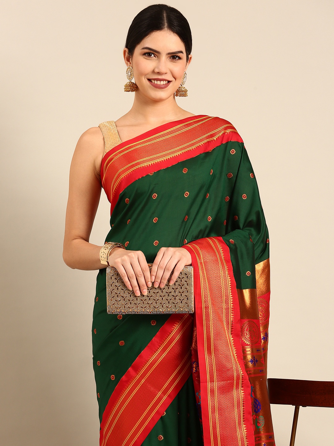 

Varkala Silk Sarees Ethnic Motifs Zari Silk Blend Handloom Paithani Saree, Green