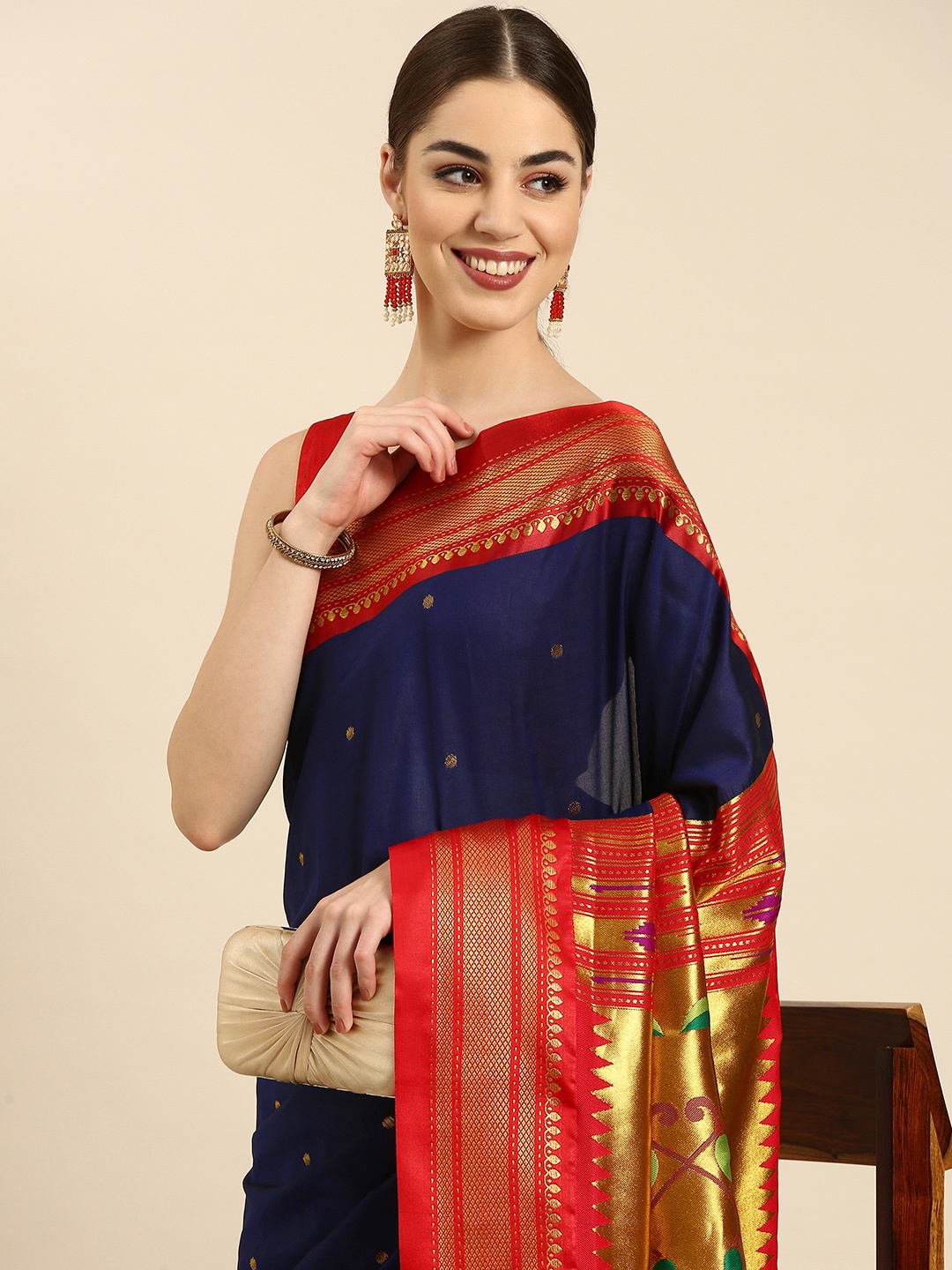 

Varkala Silk Sarees Ethnic Motifs Zari Silk Blend Paithani Saree, Navy blue
