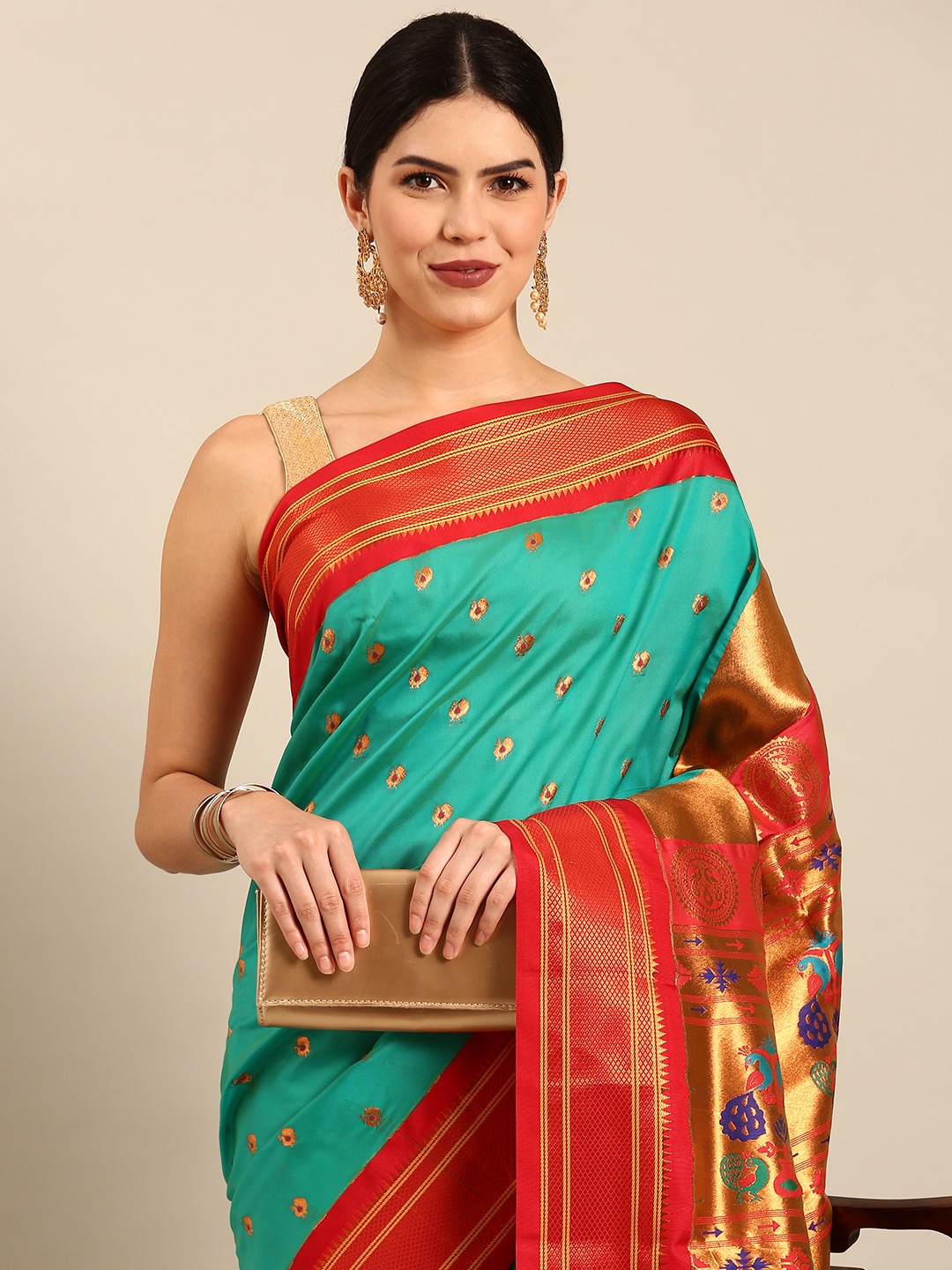 

Varkala Silk Sarees Ethnic Motifs Zari Silk Blend Handloom Paithani Saree, Sea green