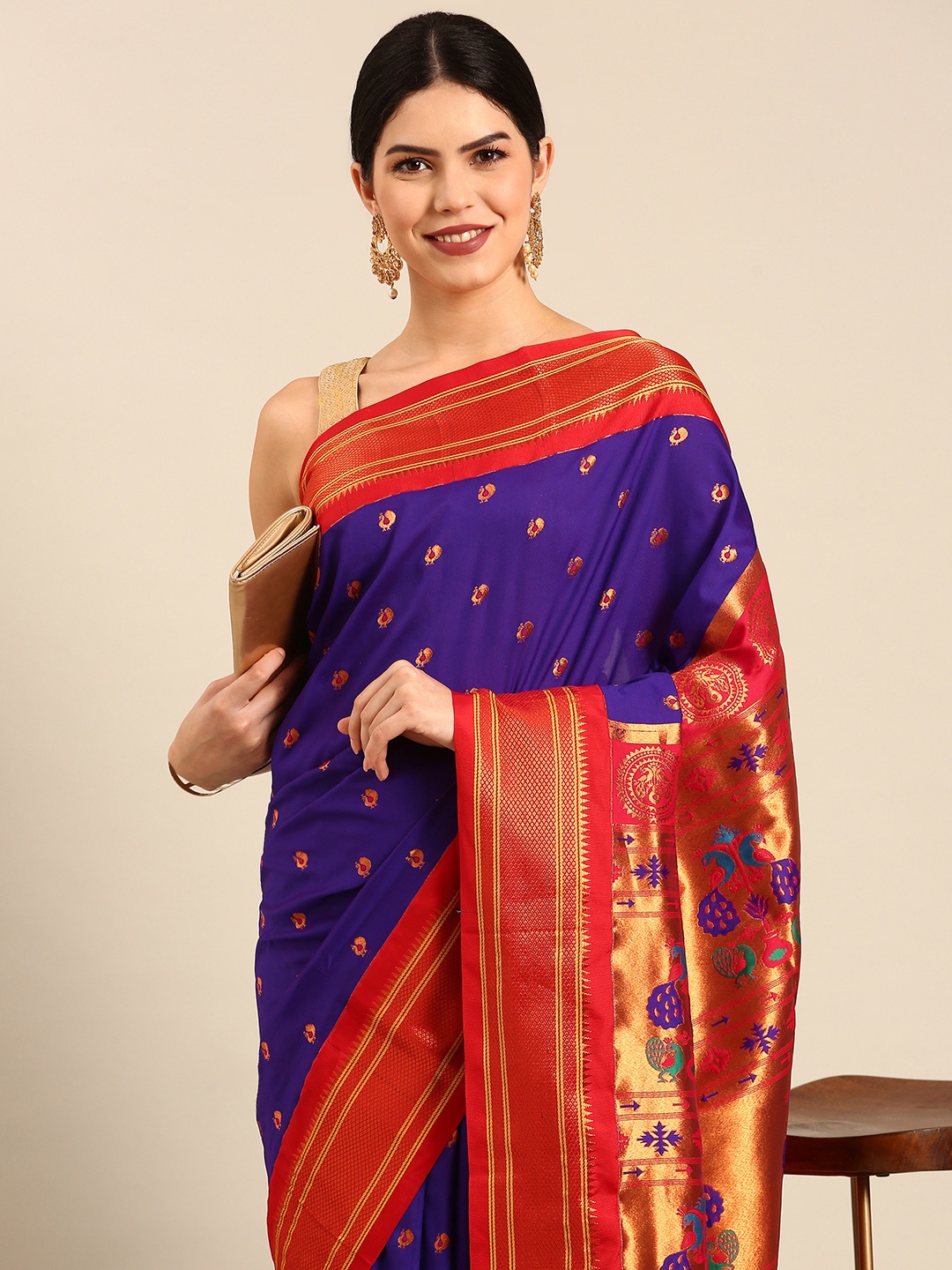 

Varkala Silk Sarees Ethnic Motifs Zari Silk Blend Paithani Saree, Violet