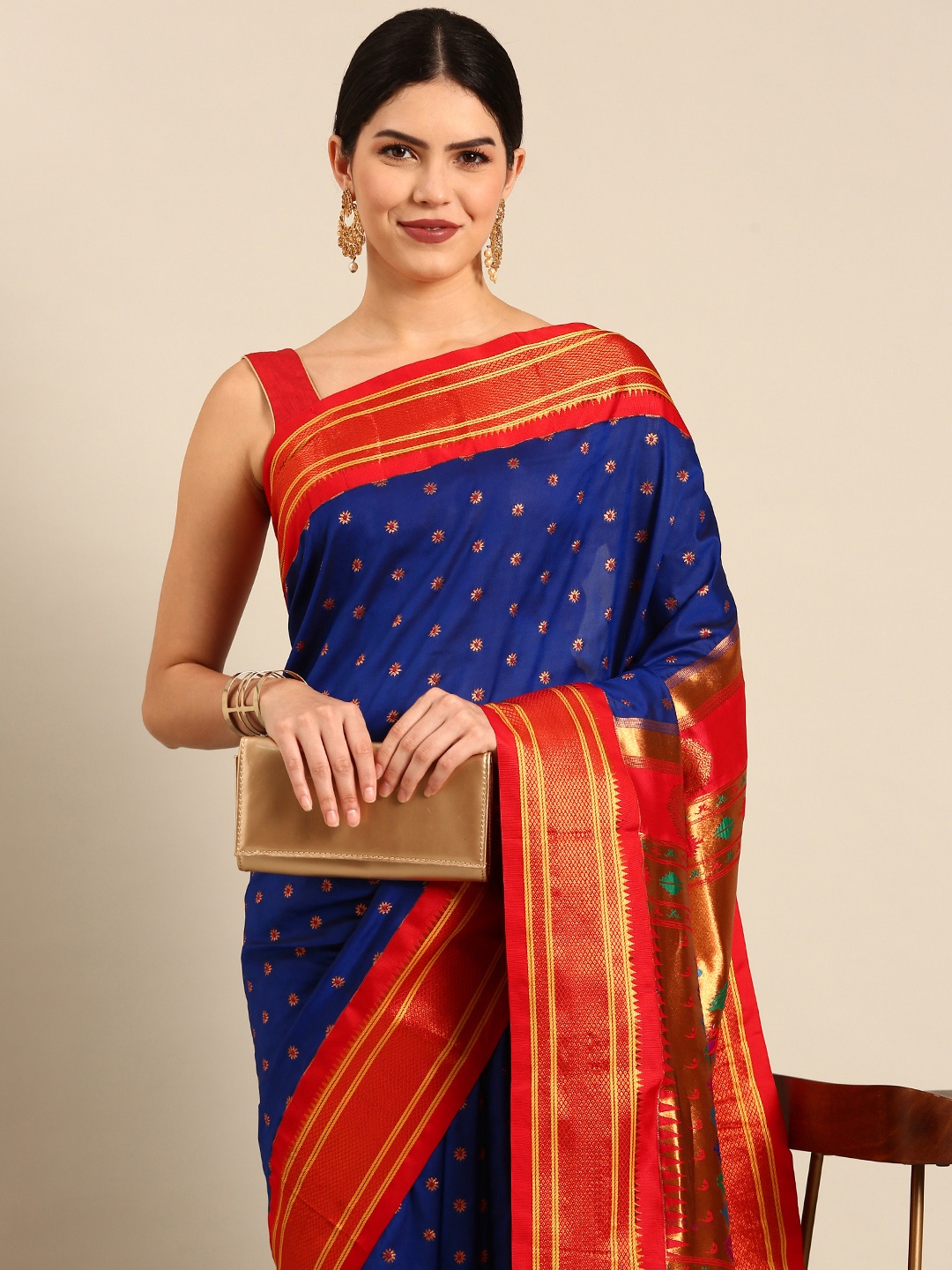 

Varkala Silk Sarees Ethnic Motifs Zari Silk Blend Paithani Saree, Blue