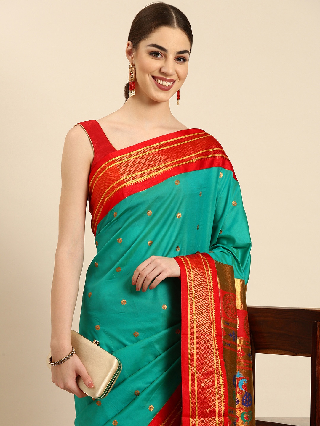 

Varkala Silk Sarees Ethnic Motifs Zari Silk Blend Handloom Paithani Saree, Sea green