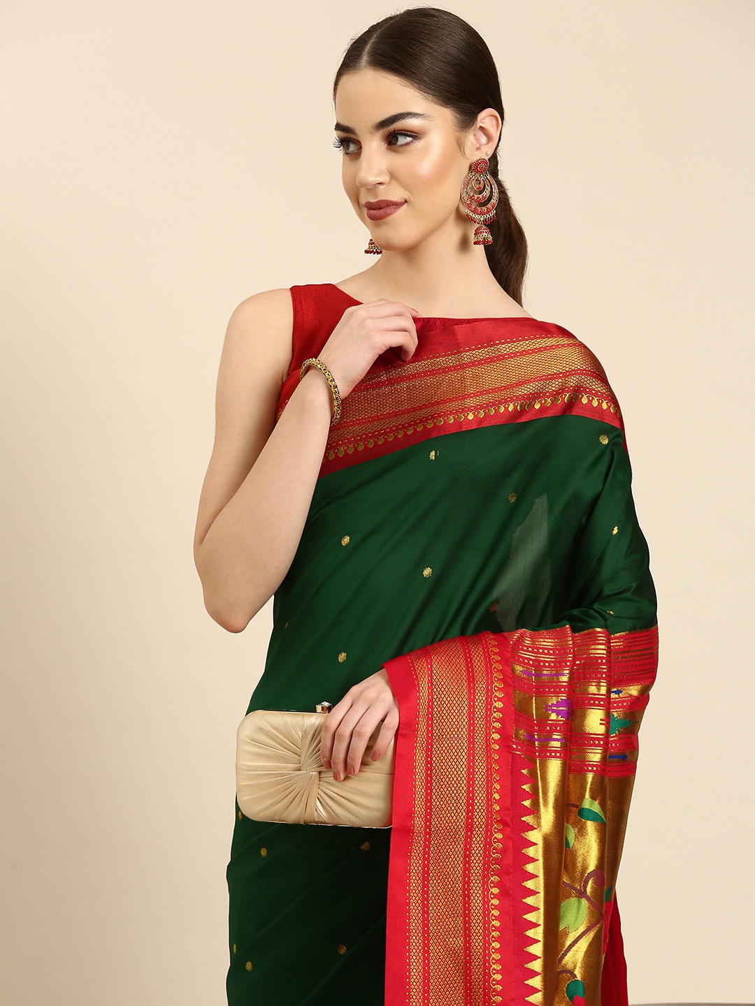 

Varkala Silk Sarees Ethnic Motifs Zari Silk Blend Handloom Paithani Saree, Green