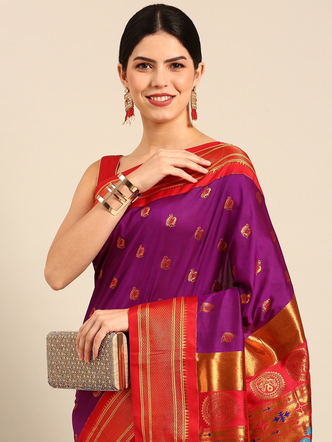 

Varkala Silk Sarees Ethnic Motifs Zari Silk Blend Paithani Saree, Purple