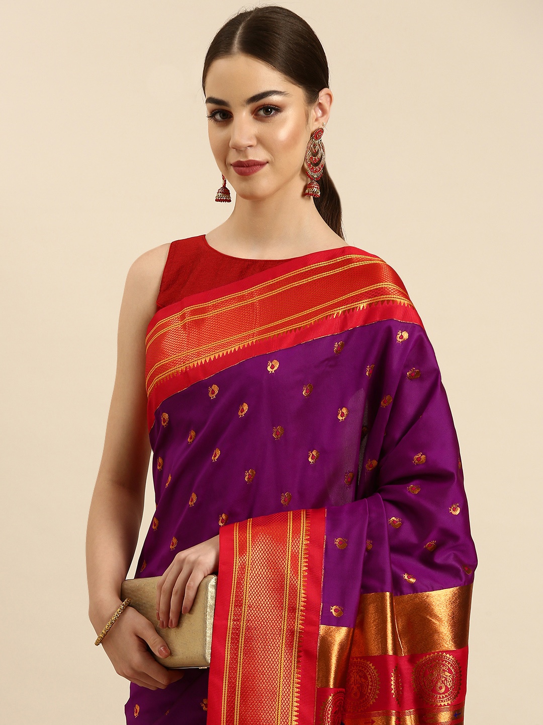 

Varkala Silk Sarees Ethnic Motifs Zari Silk Blend Paithani Saree, Purple