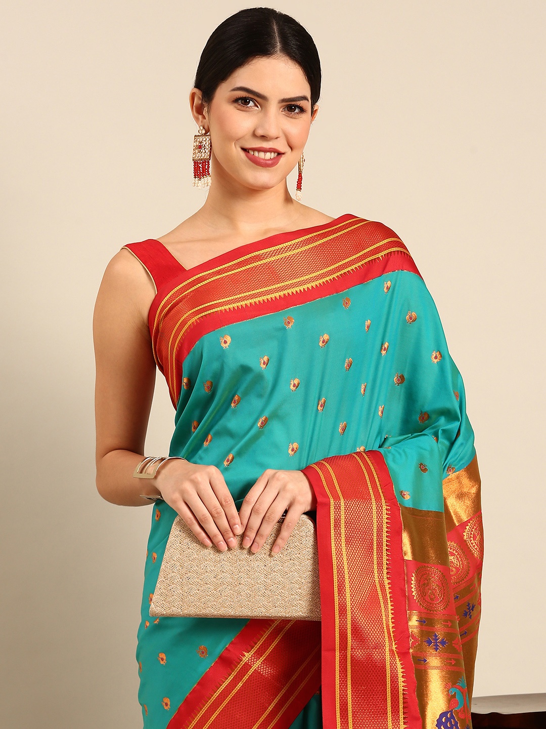 

Varkala Silk Sarees Ethnic Motifs Zari Silk Blend Paithani Saree, Turquoise blue