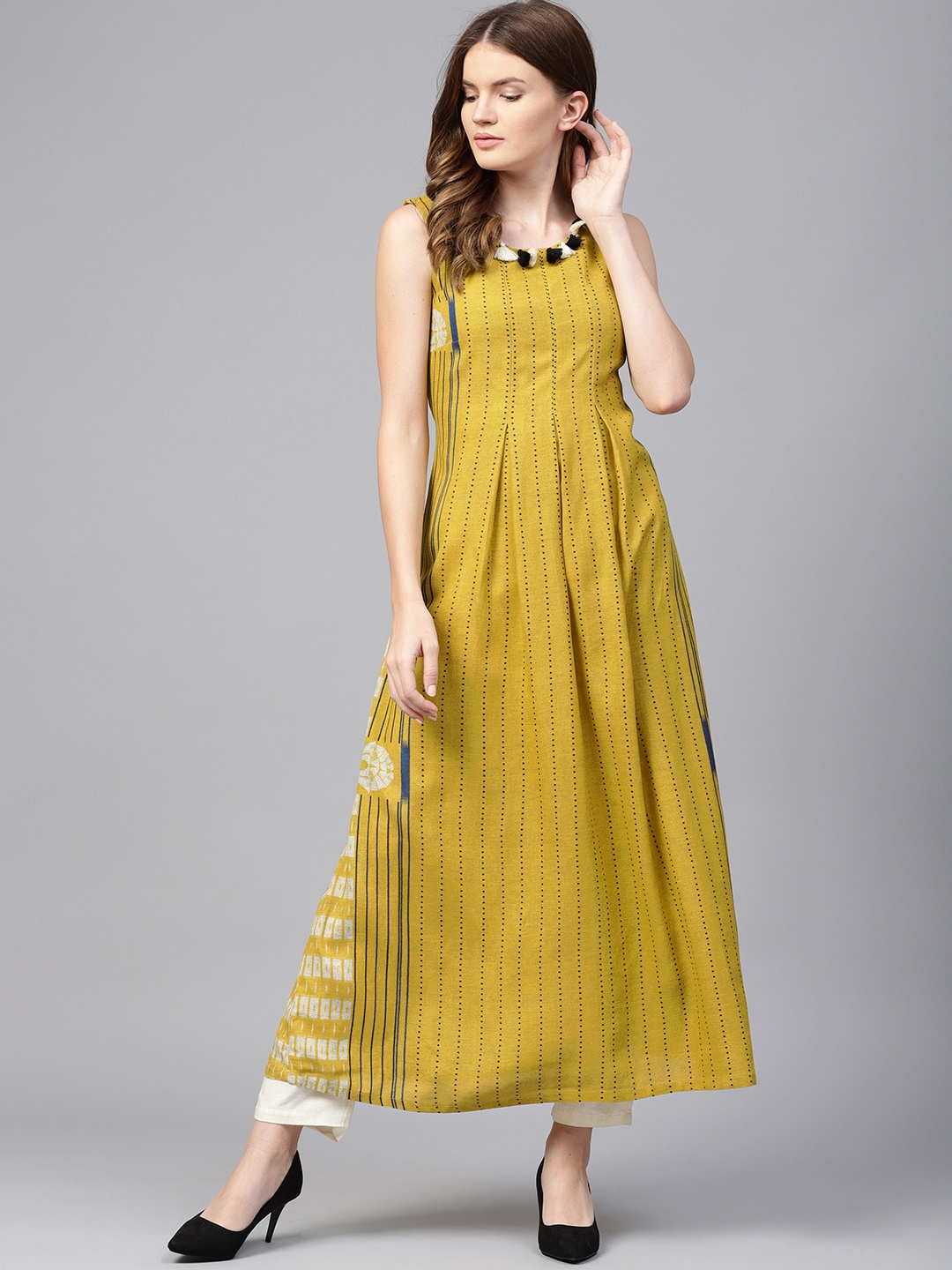 

W Women Mustard Yellow Striped A-Line Kurta
