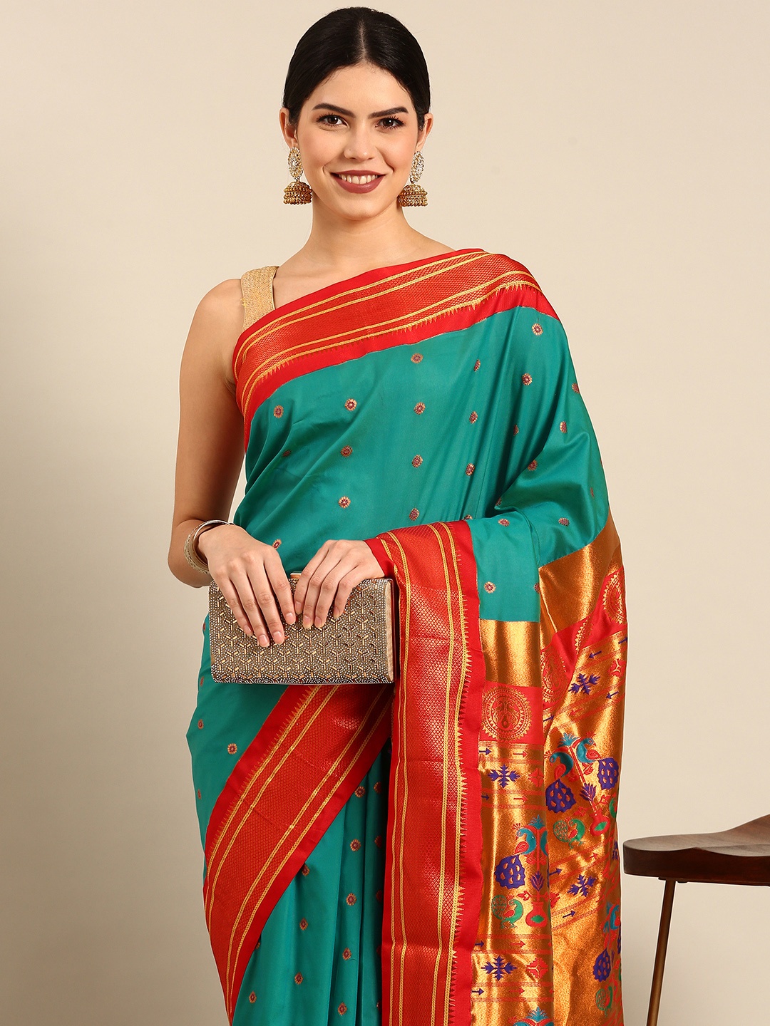 

Varkala Silk Sarees Ethnic Motifs Zari Silk Blend Handloom Paithani Saree, Turquoise blue