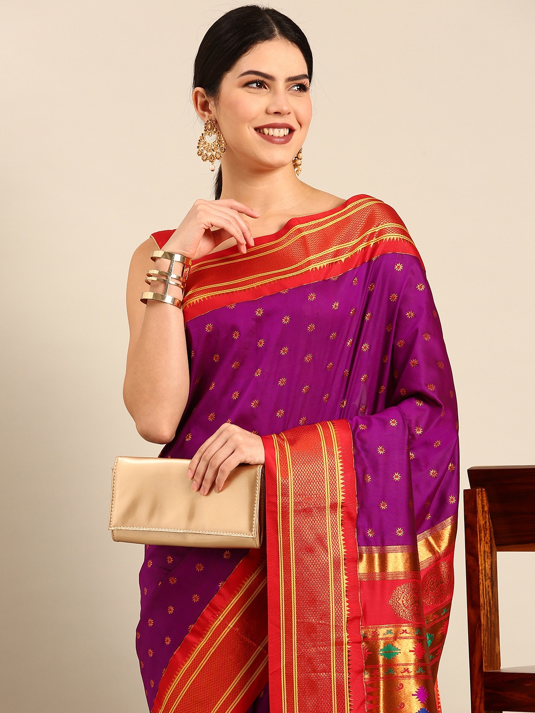 

Varkala Silk Sarees Ethnic Motifs Zari Silk Blend Paithani Saree, Purple