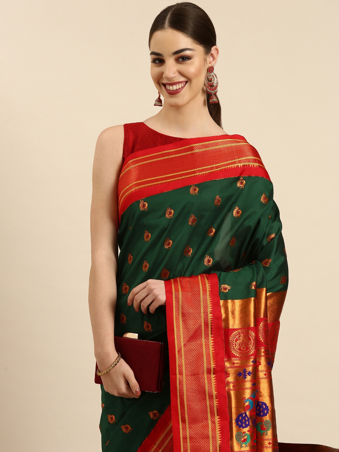 

Varkala Silk Sarees Ethnic Motifs Zari Silk Blend Paithani Saree, Green