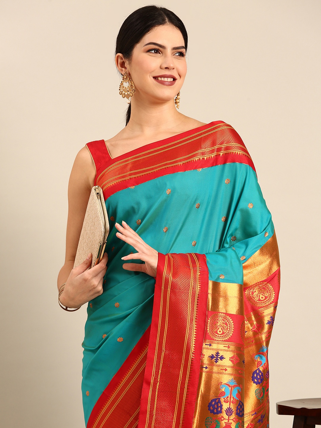 

Varkala Silk Sarees Ethnic Motifs Zari Silk Blend Paithani Saree, Turquoise blue