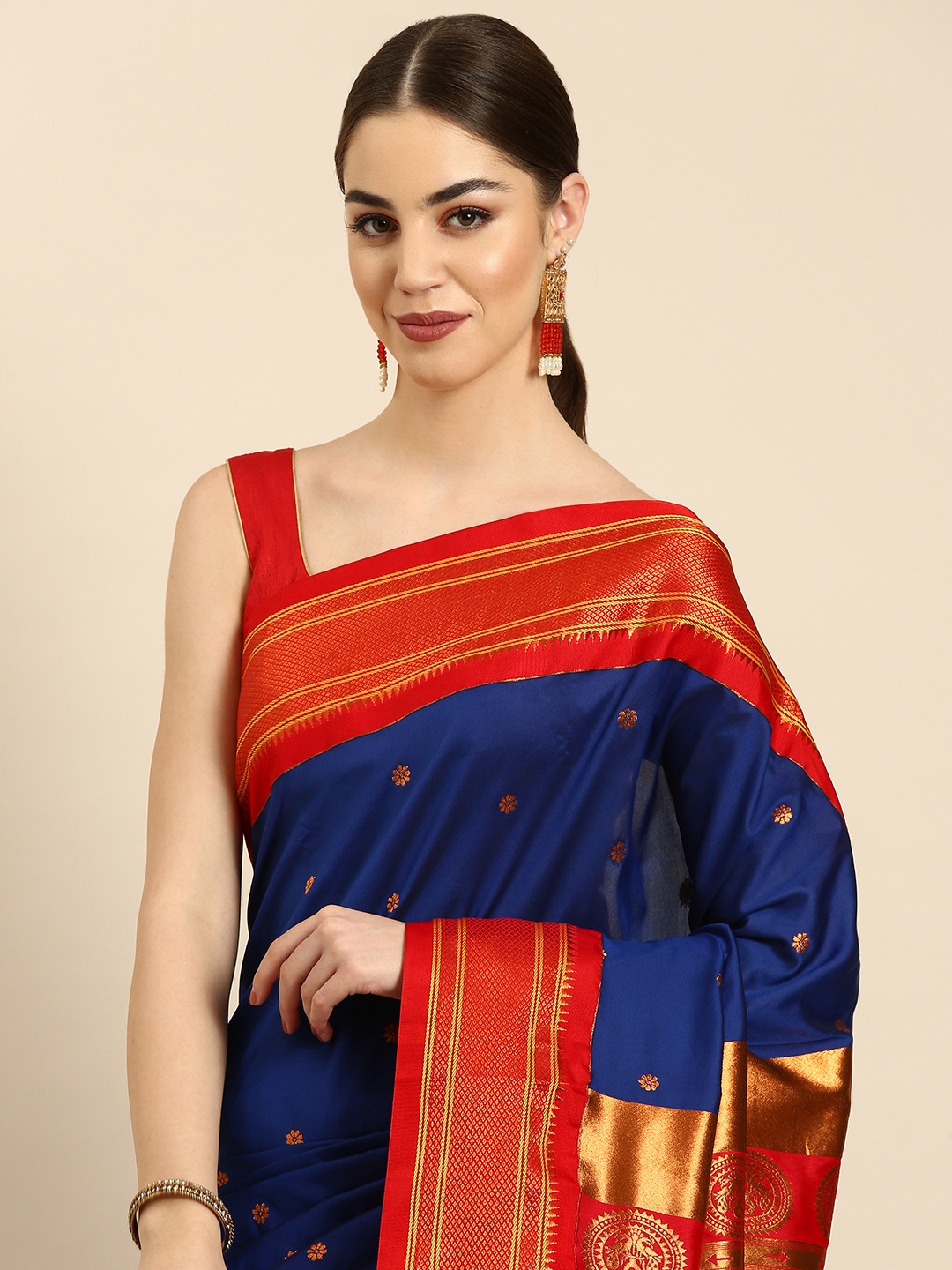 

Varkala Silk Sarees Ethnic Motifs Zari Silk Blend Handloom Paithani Saree, Blue