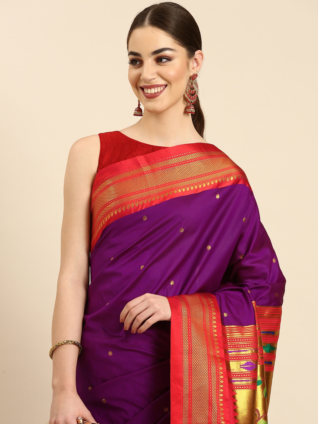 

Varkala Silk Sarees Ethnic Motifs Zari Silk Blend Handloom Paithani Saree, Purple