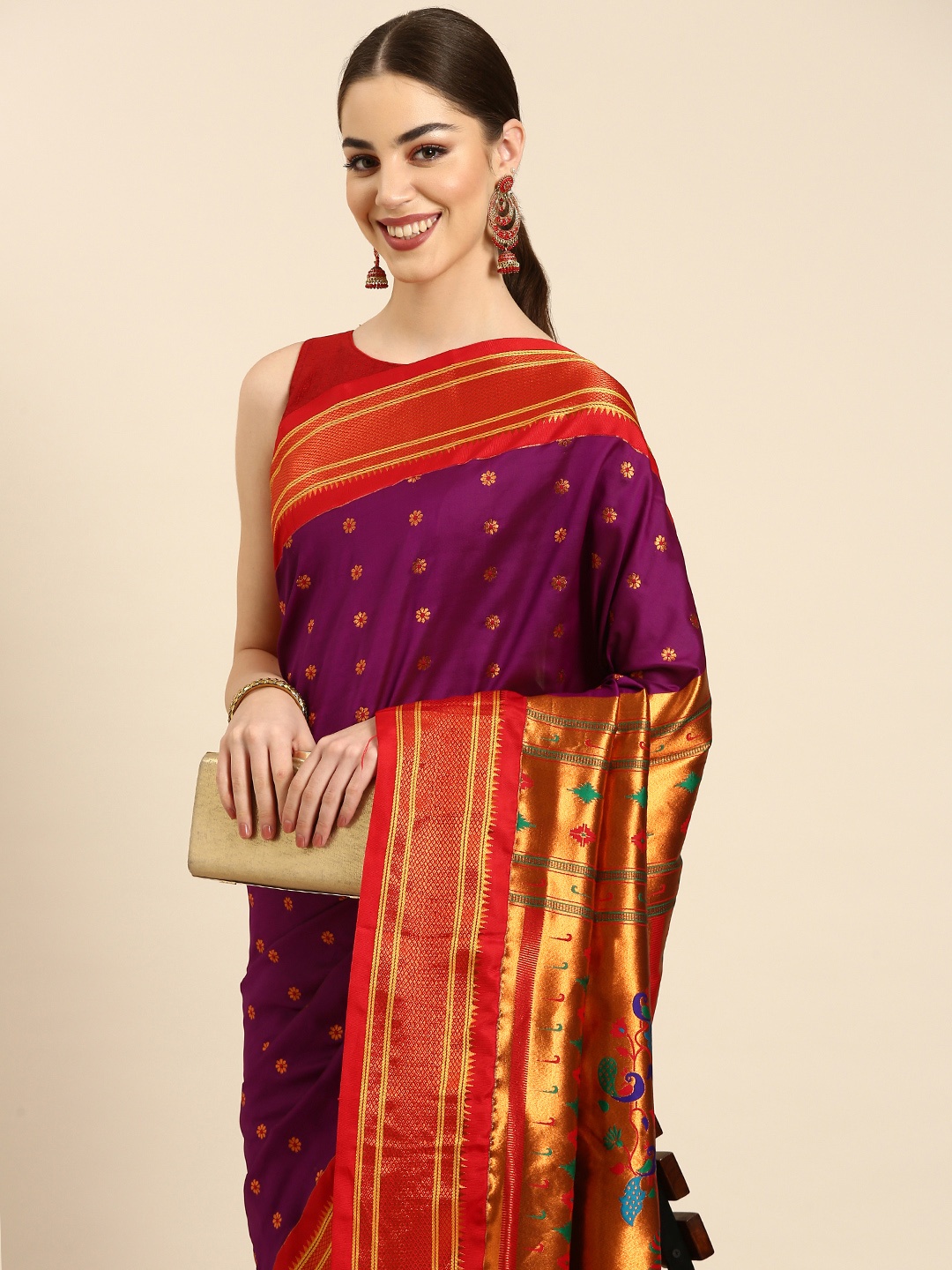 

Varkala Silk Sarees Ethnic Motifs Zari Silk Blend Paithani Saree, Purple