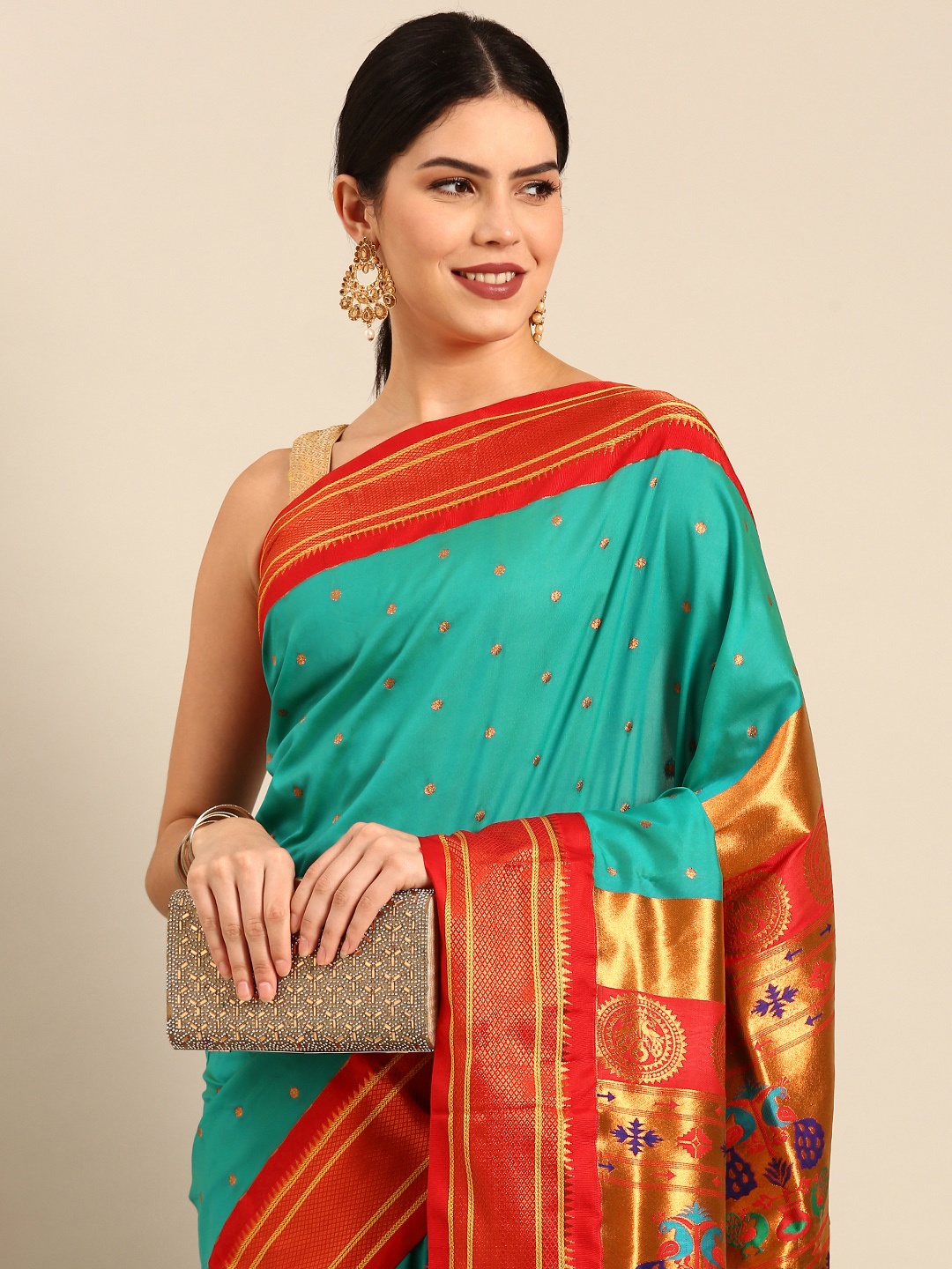 

Varkala Silk Sarees Turquoise Blue & Red Ethnic Motifs Zari Silk Blend Paithani Saree