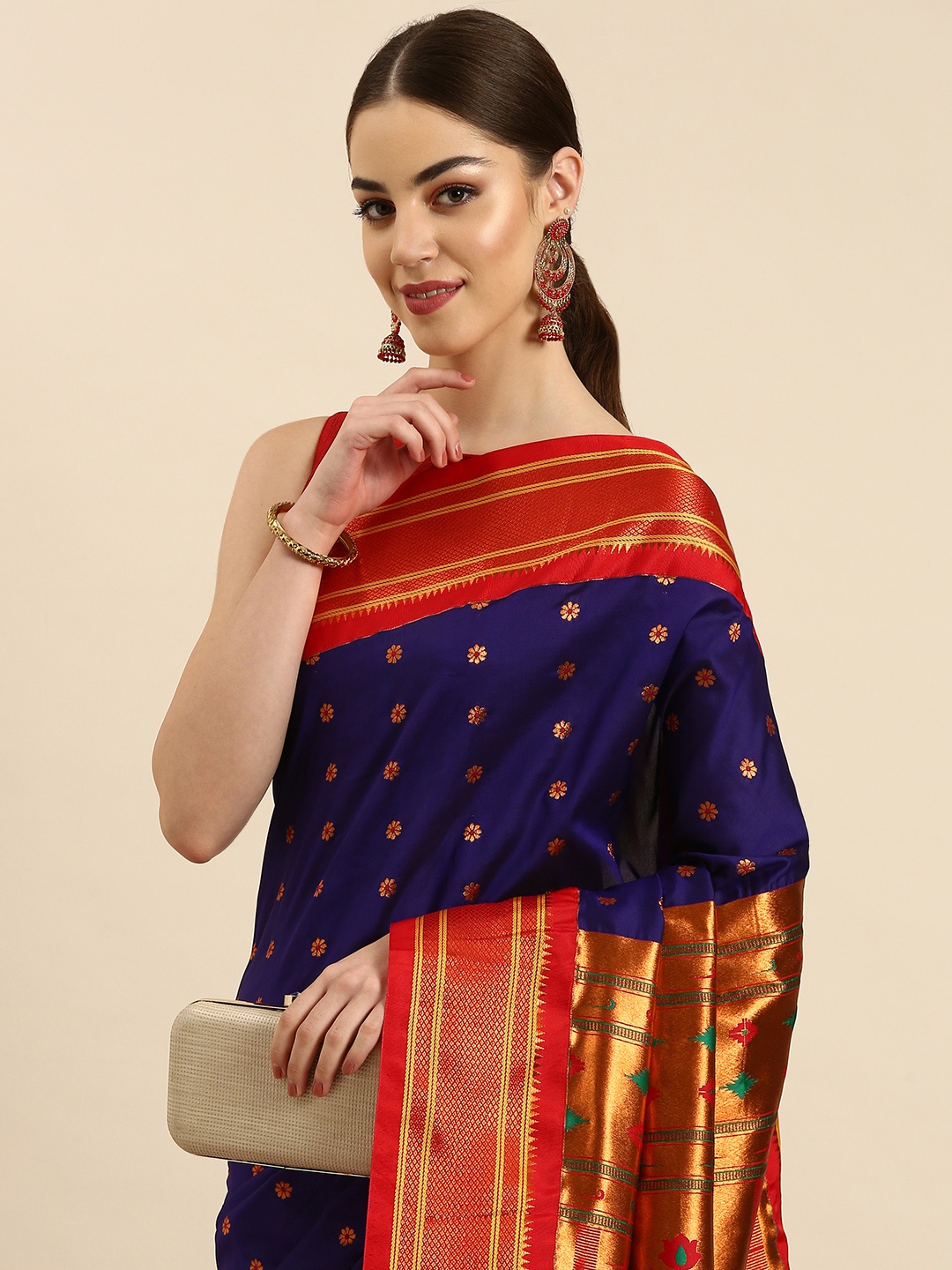 

Varkala Silk Sarees Ethnic Motifs Zari Silk Blend Paithani Saree, Violet