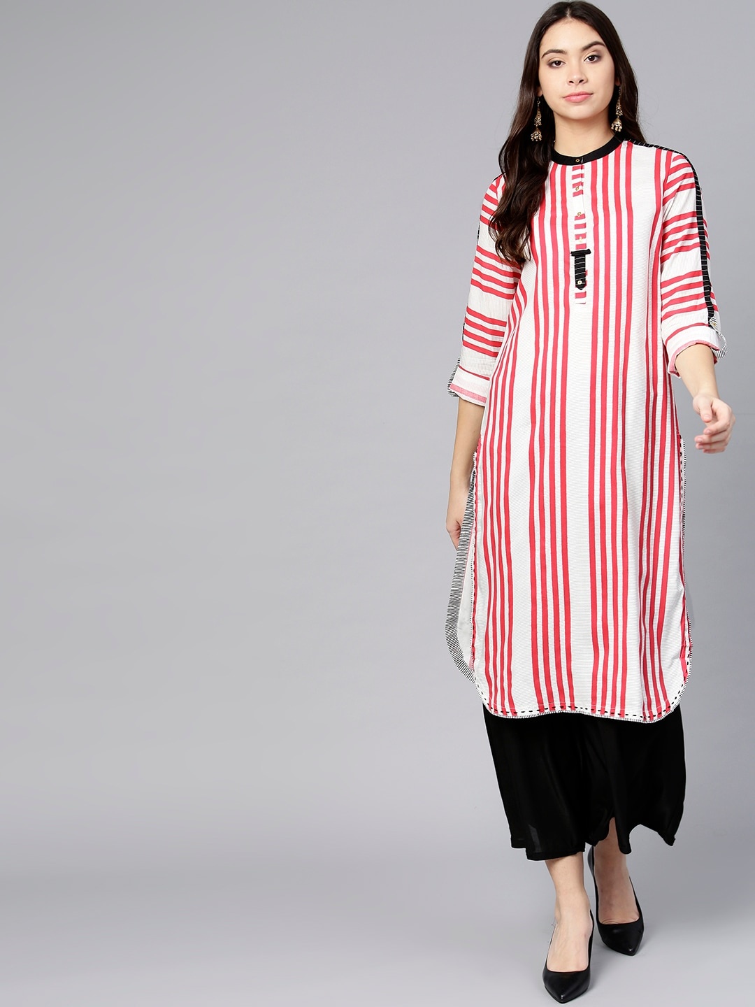 

W Women White & Red Striped Straight Sustainable Kurta