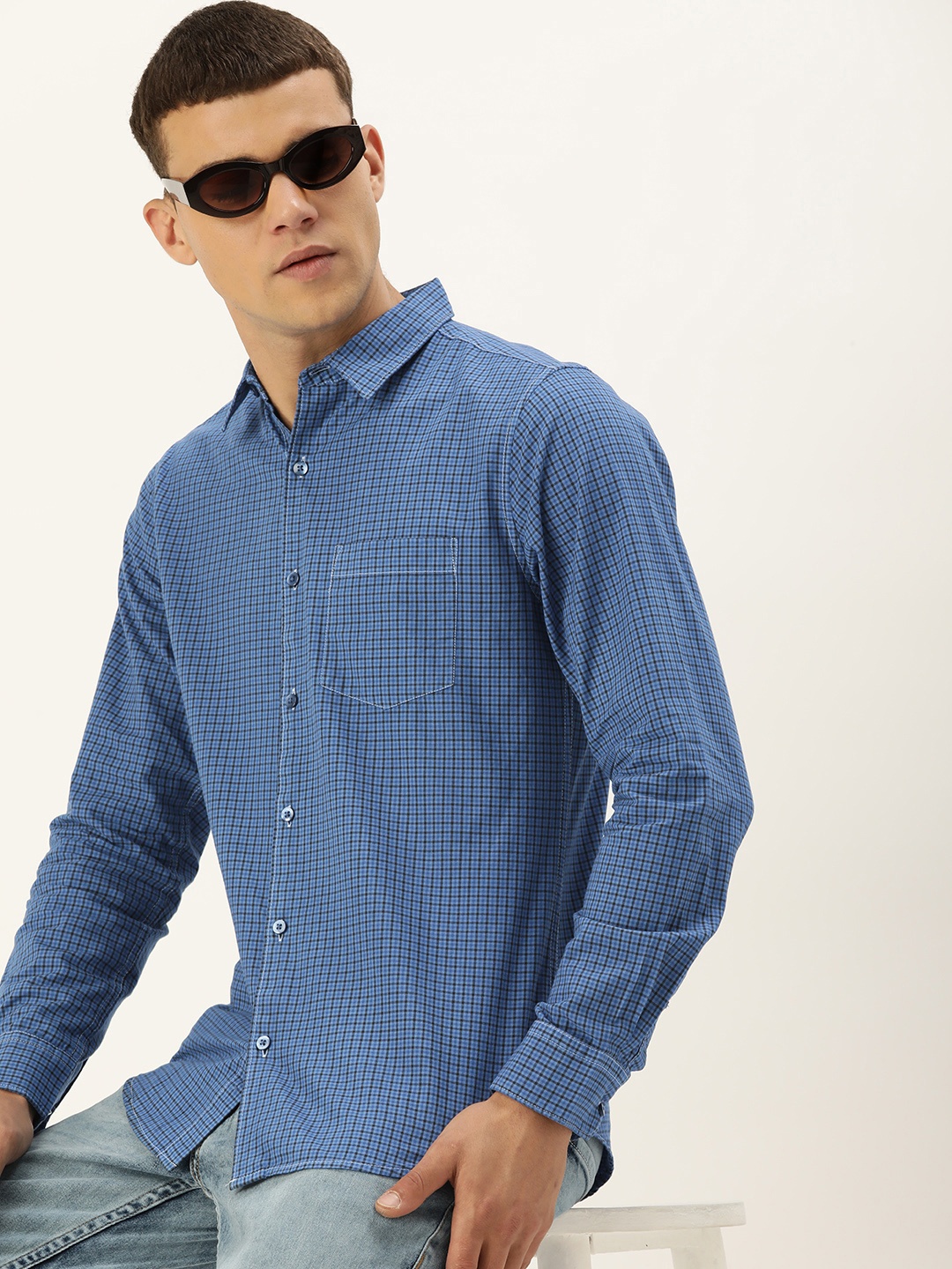 

Kook N Keech Men Relaxed Opaque Checked Pure Cotton Casual Shirt, Blue