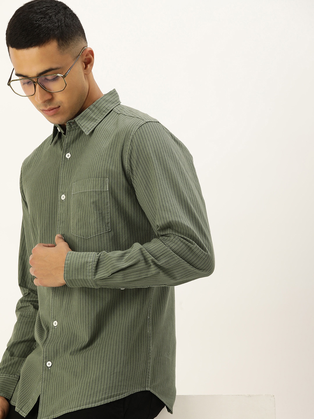 

Kook N Keech Men Relaxed Opaque Striped Pure Cotton Casual Shirt, Olive