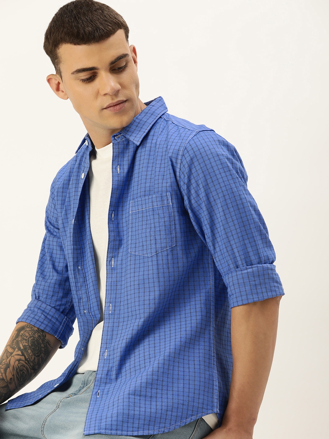 

Kook N Keech Men Relaxed Opaque Checked Pure Cotton Casual Shirt, Blue