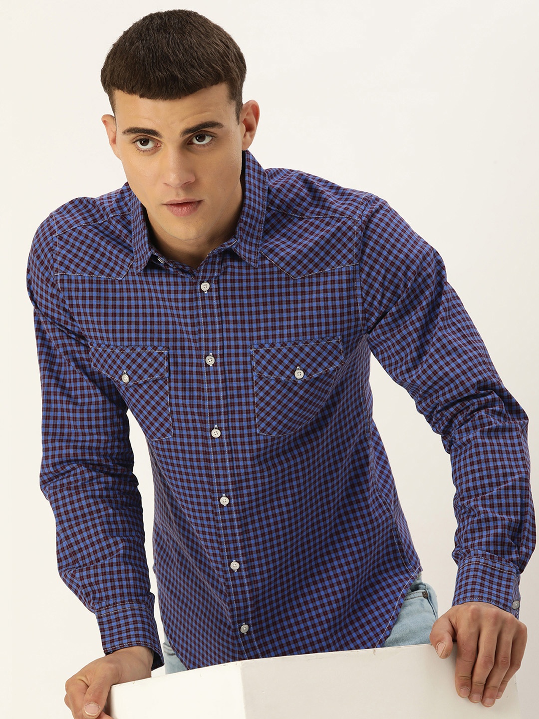 

Kook N Keech Men Relaxed Opaque Checked Pure Cotton Casual Shirt, Navy blue