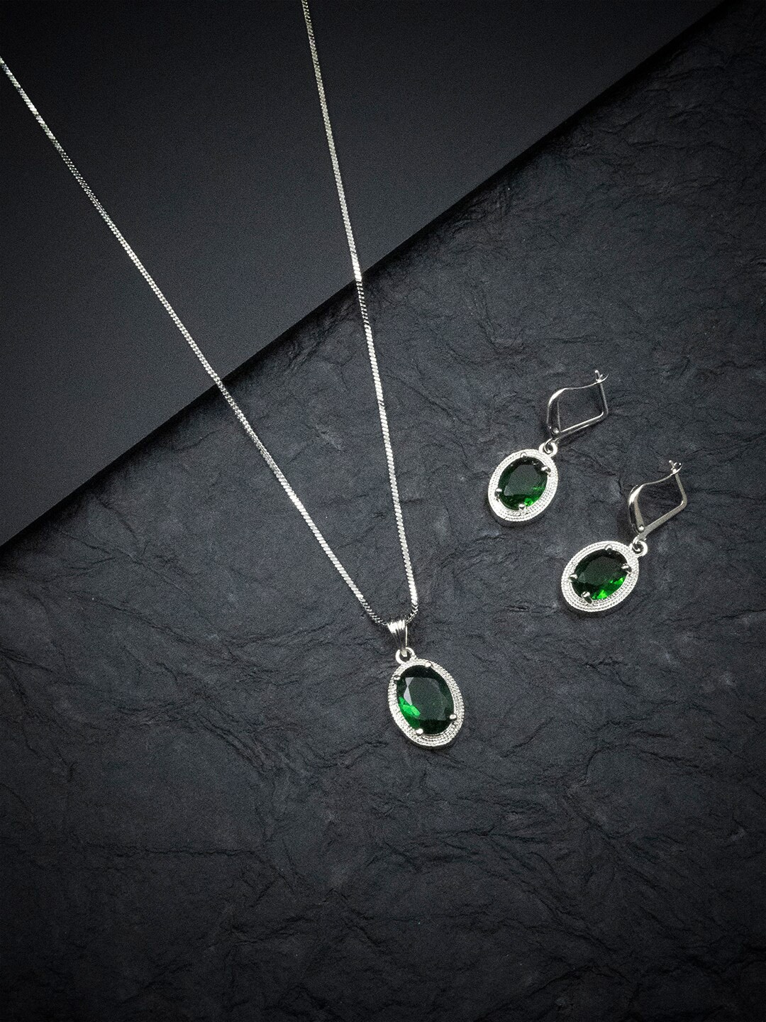 

StileAdda Rhodium Plated AD Studded Pendant Set, Green