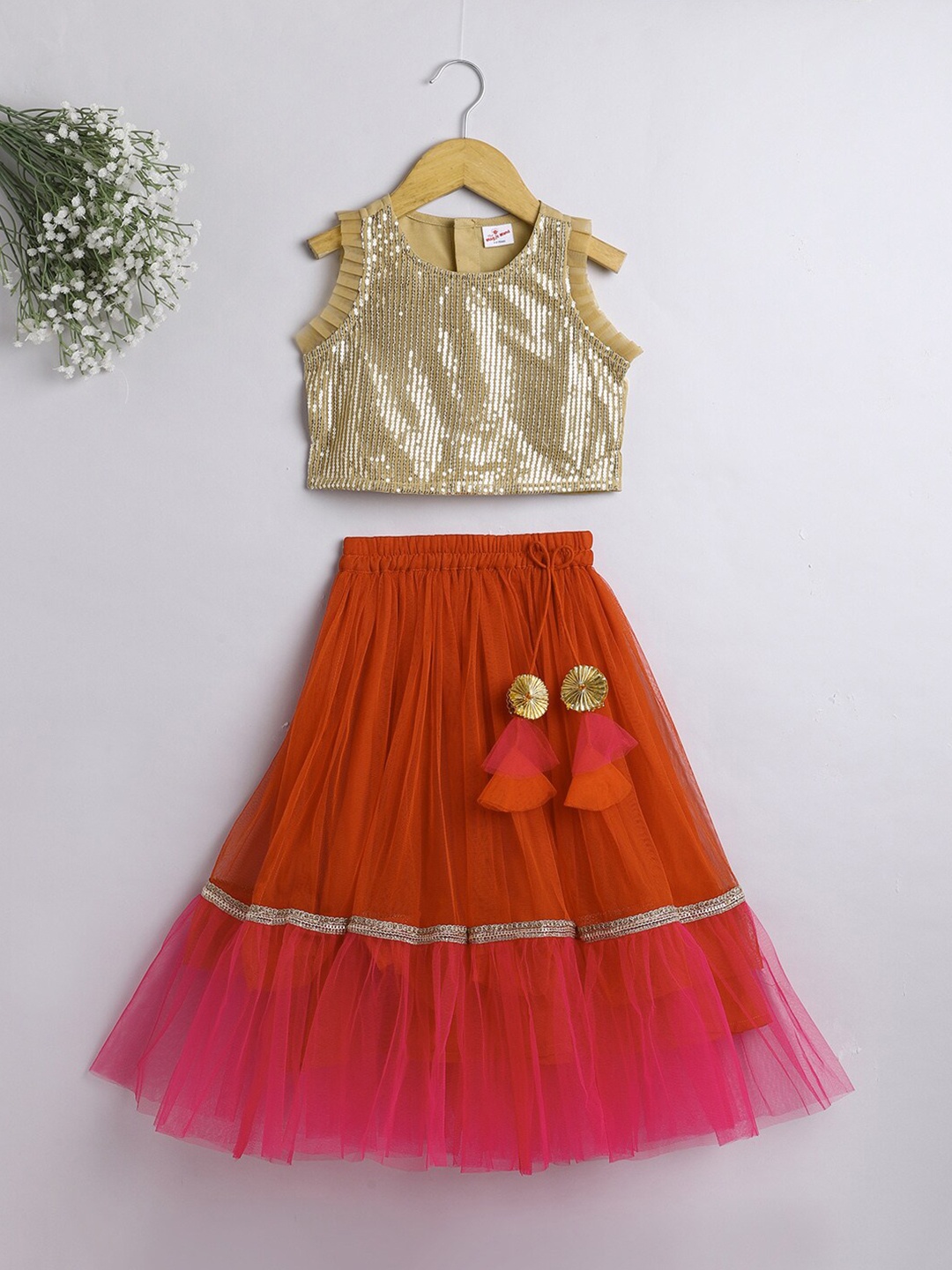 

The Magic Wand Girls Embellished Sequinned Ready to Wear Lehenga Choli, Orange