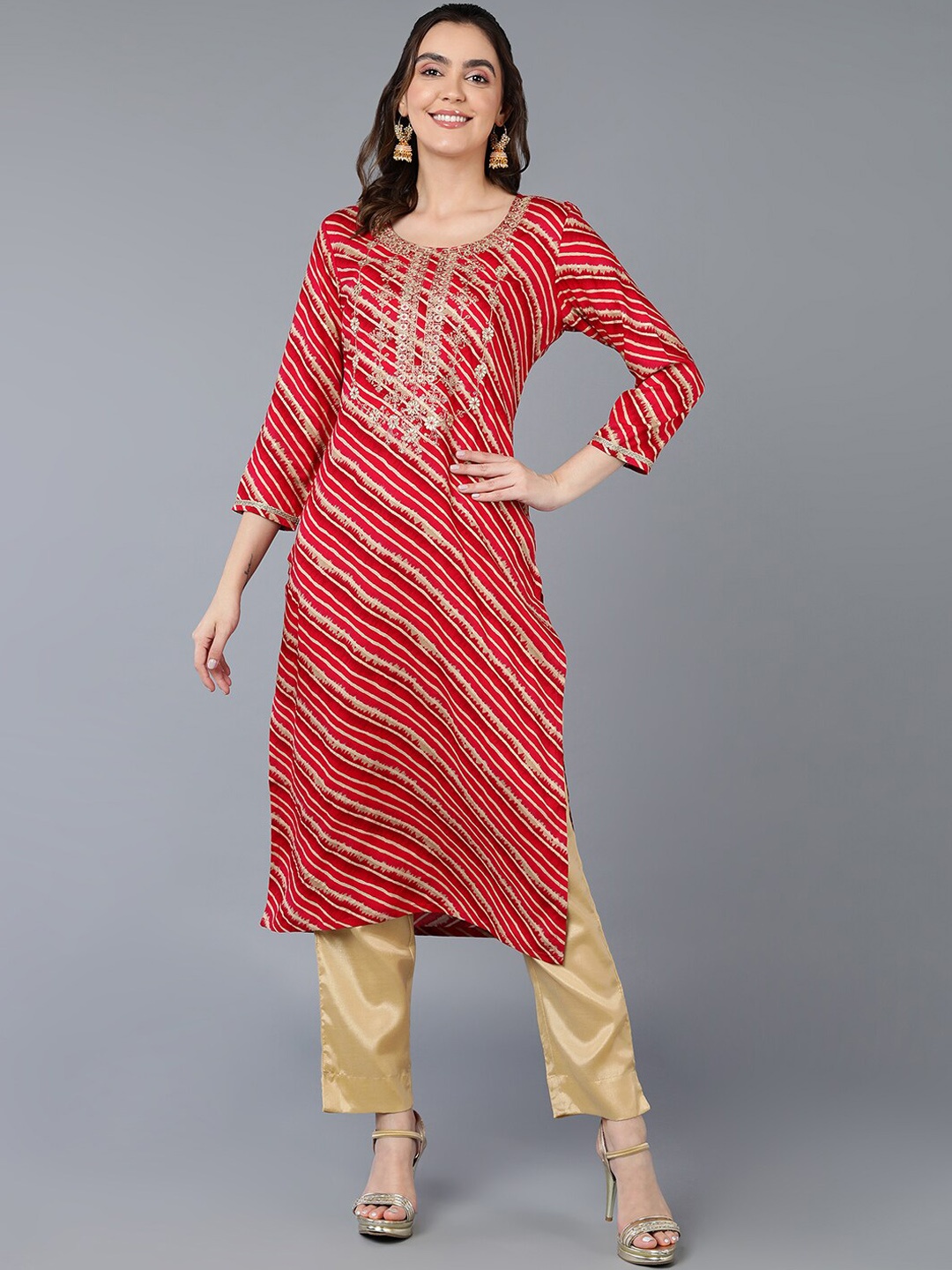 

AHIKA Floral Yoke Design Thread Work Detail Striped A-Line Kurta, Red