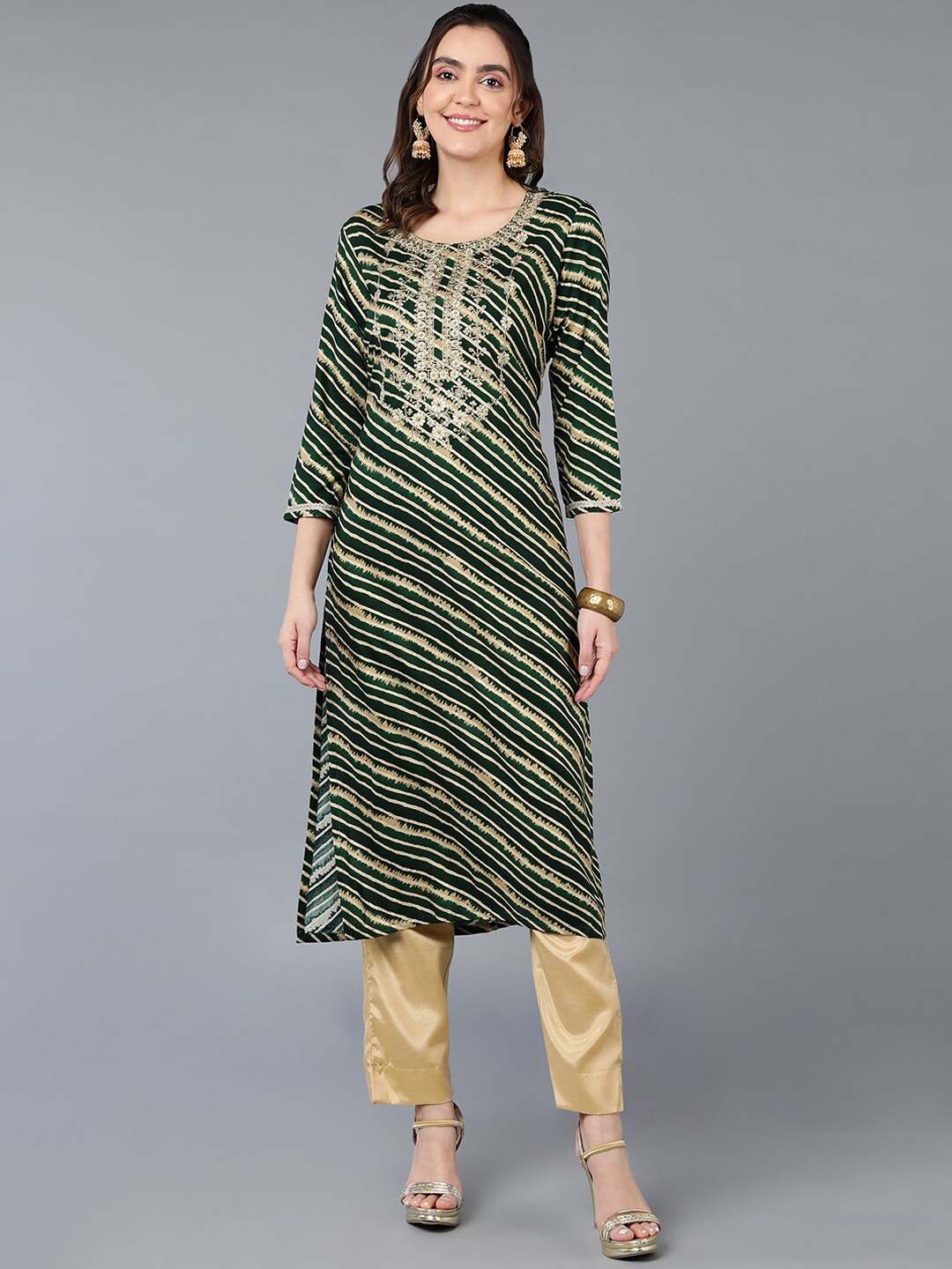 

AHIKA Floral Yoke Design Thread Work Detail Striped A-Line Kurta, Green