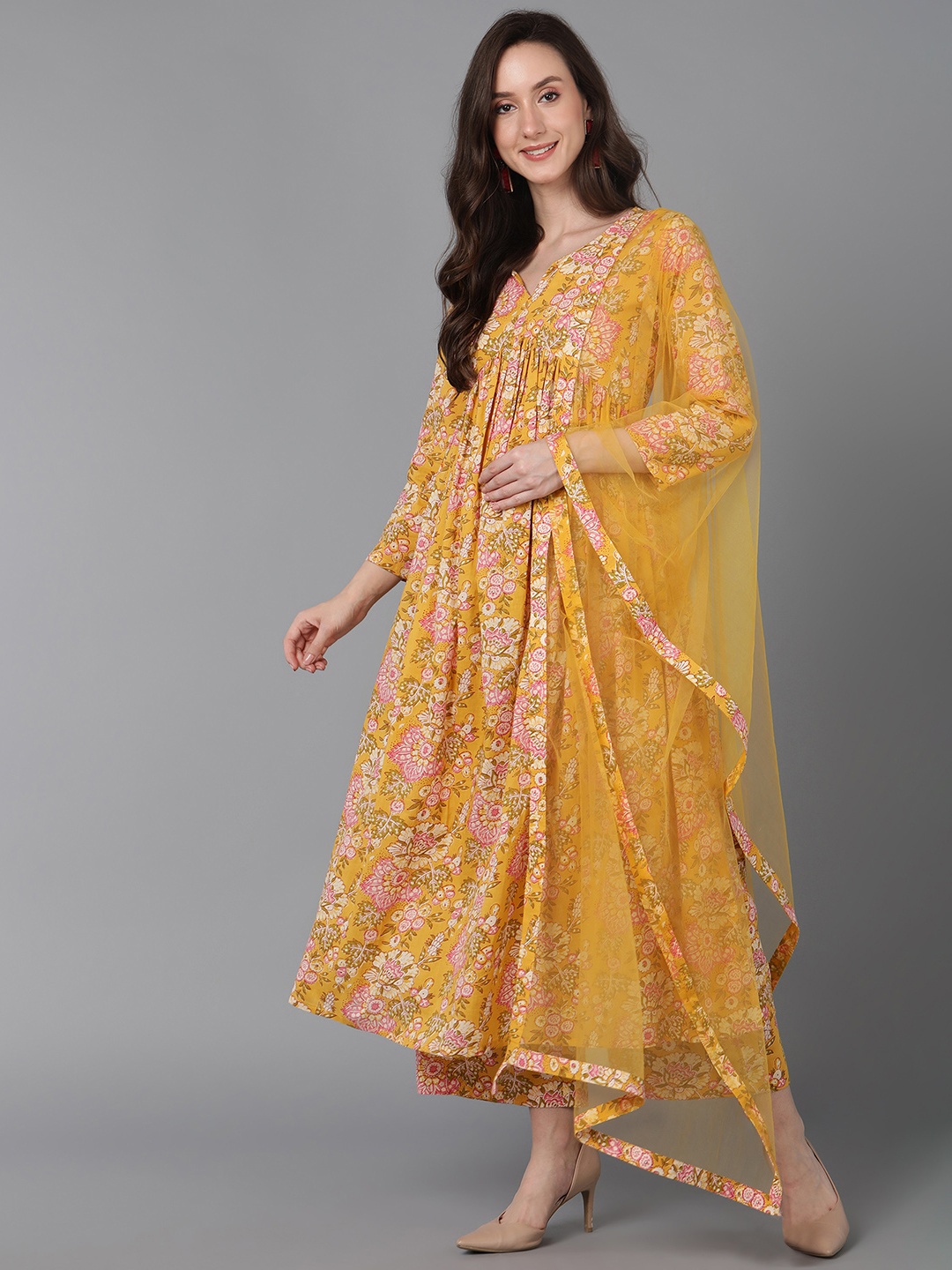 

AHIKA Floral Printed Empire Pure Cotton Kurta With Palazzos & With Dupatta, Yellow